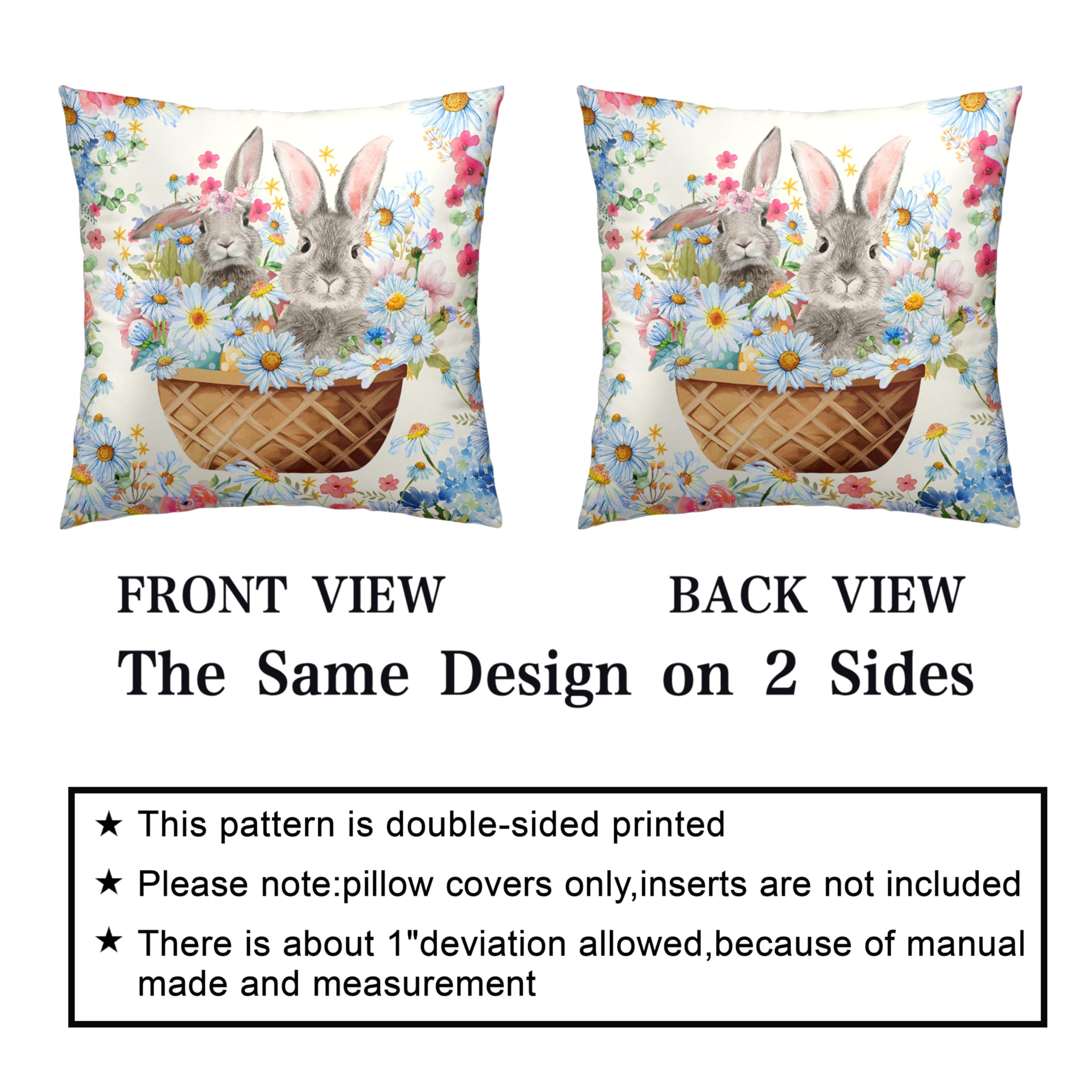 Easter Bunny Tulip Pillow Cover 18x18 Inch - Spring Decorative Lumbar Case For Sofa, Couch