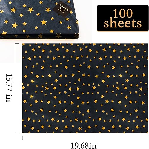 Miniatura 4 de MR FIVE 100 hojas de papel de seda negro con estrella dorada a granel, 20 x 14 pulgadas, papel de estrella negro dorado para bolsas de regalo y