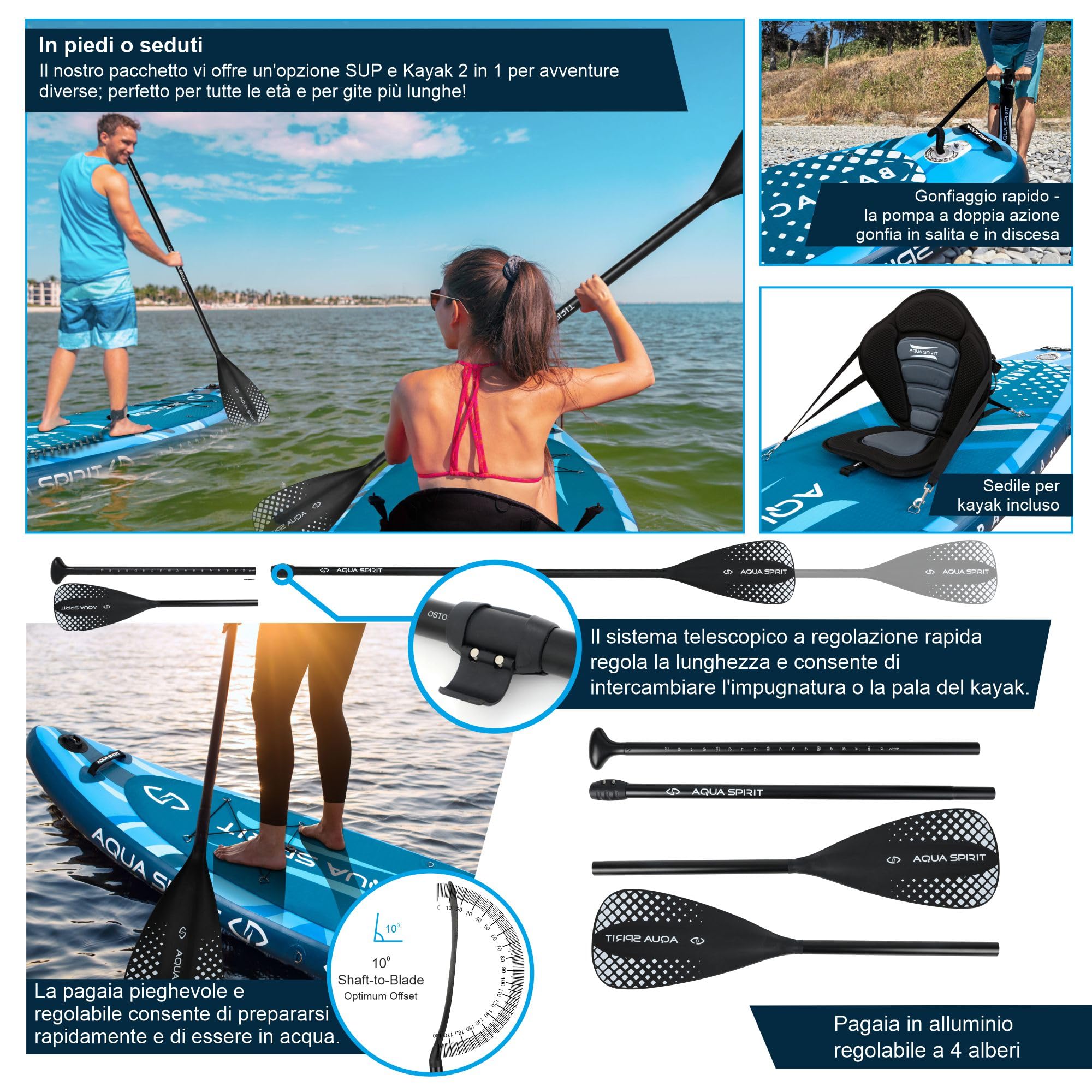 Aqua Spirit Tavola gonfiabile SUP paddle 3 m 10 m 3,8 m 4,5 m 45 cm kit convertibile SUP kayak pagaia zaino pompa