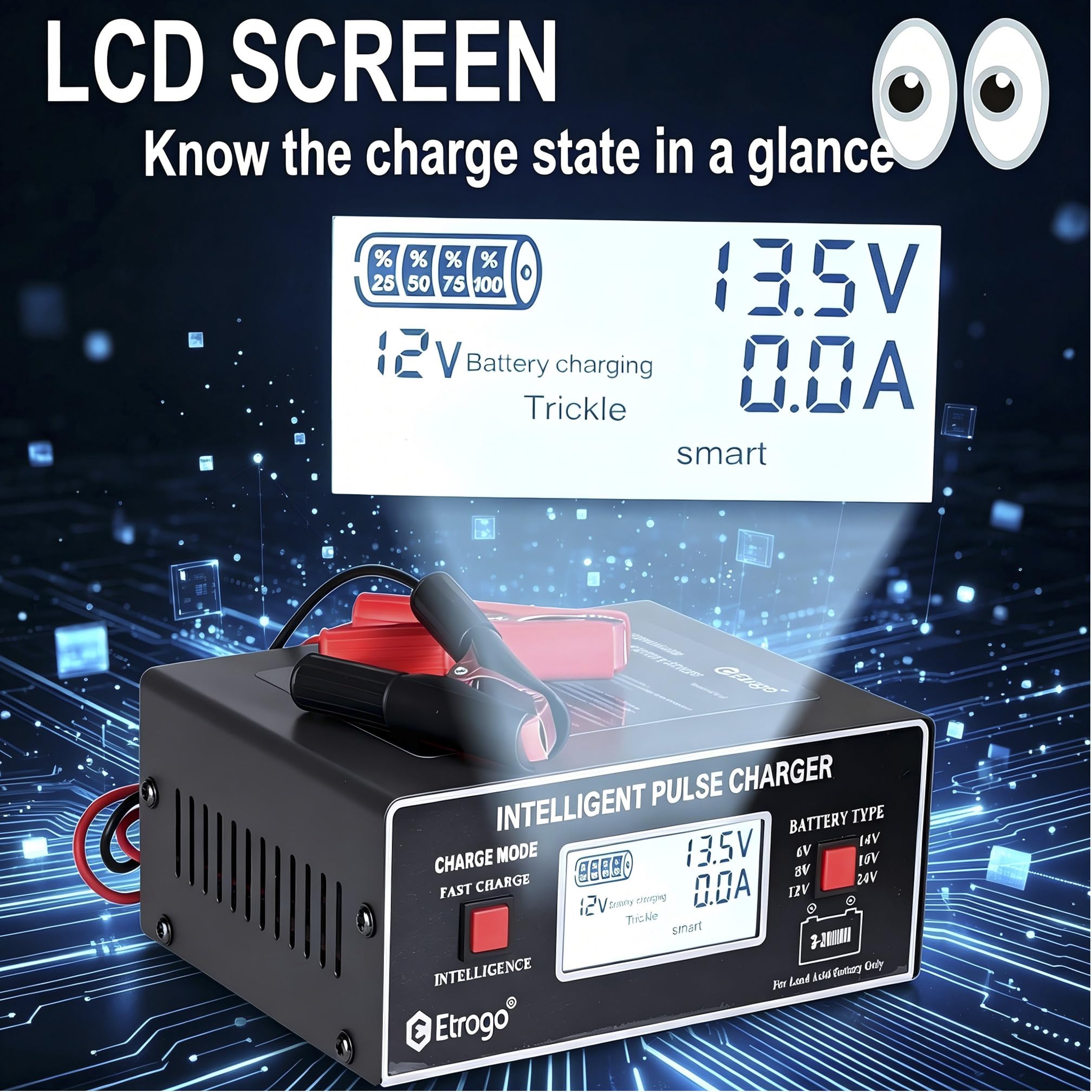 Etrogo Ładowarka do akumulatora samochodowego, inteligentna ładowarka pulsacyjna 6 V/8 V/12 V/14 V/16 V/24 V 250 W 10 A z automatycznym wykrywaniem, naprawą, funkcją konserwacji