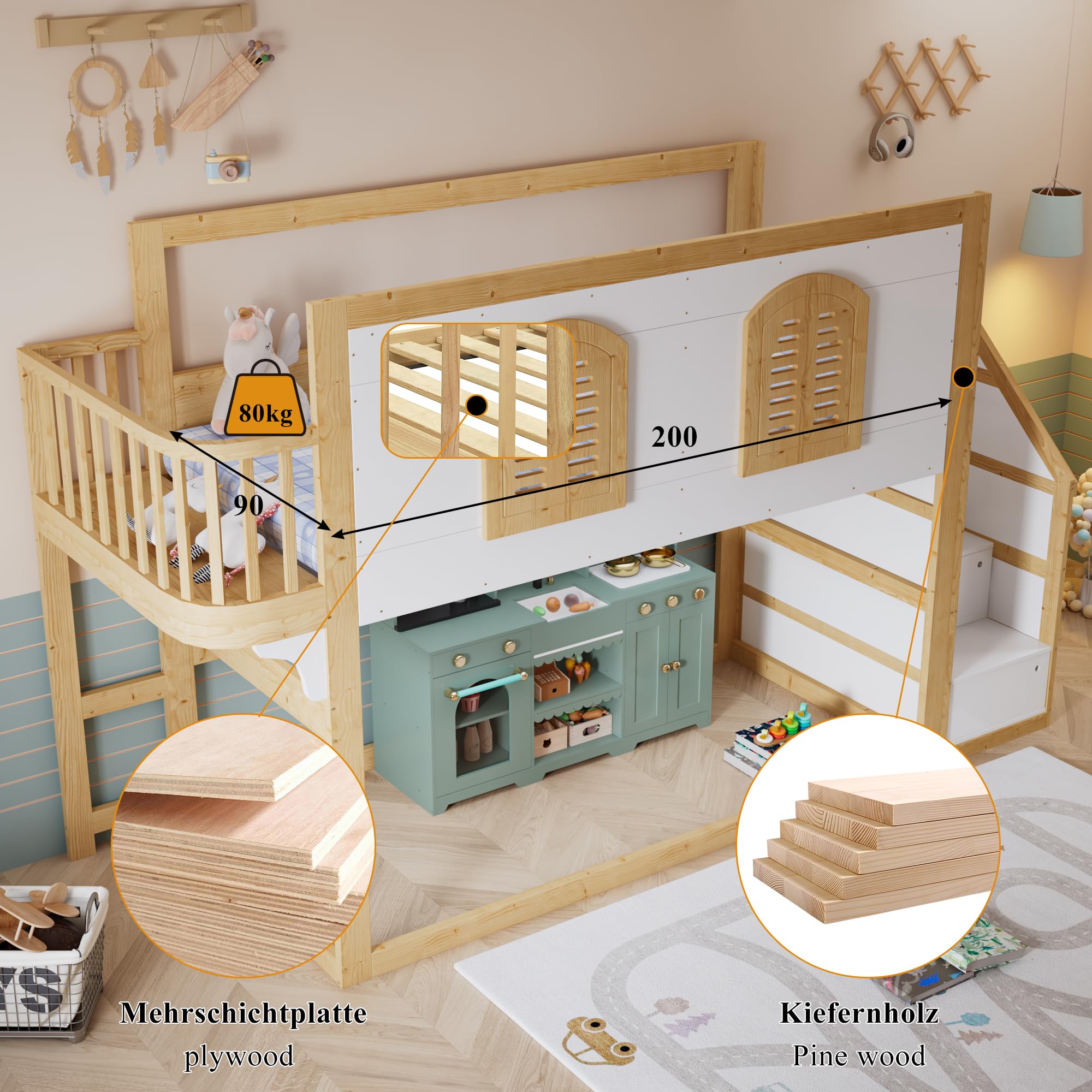 Kinder-Hochbett 90x200 cm, Massivholz Weiß & Natur, Treppenschrank, Spielfläche, Fenster, Sicherheitsgeländer, Lattenrost