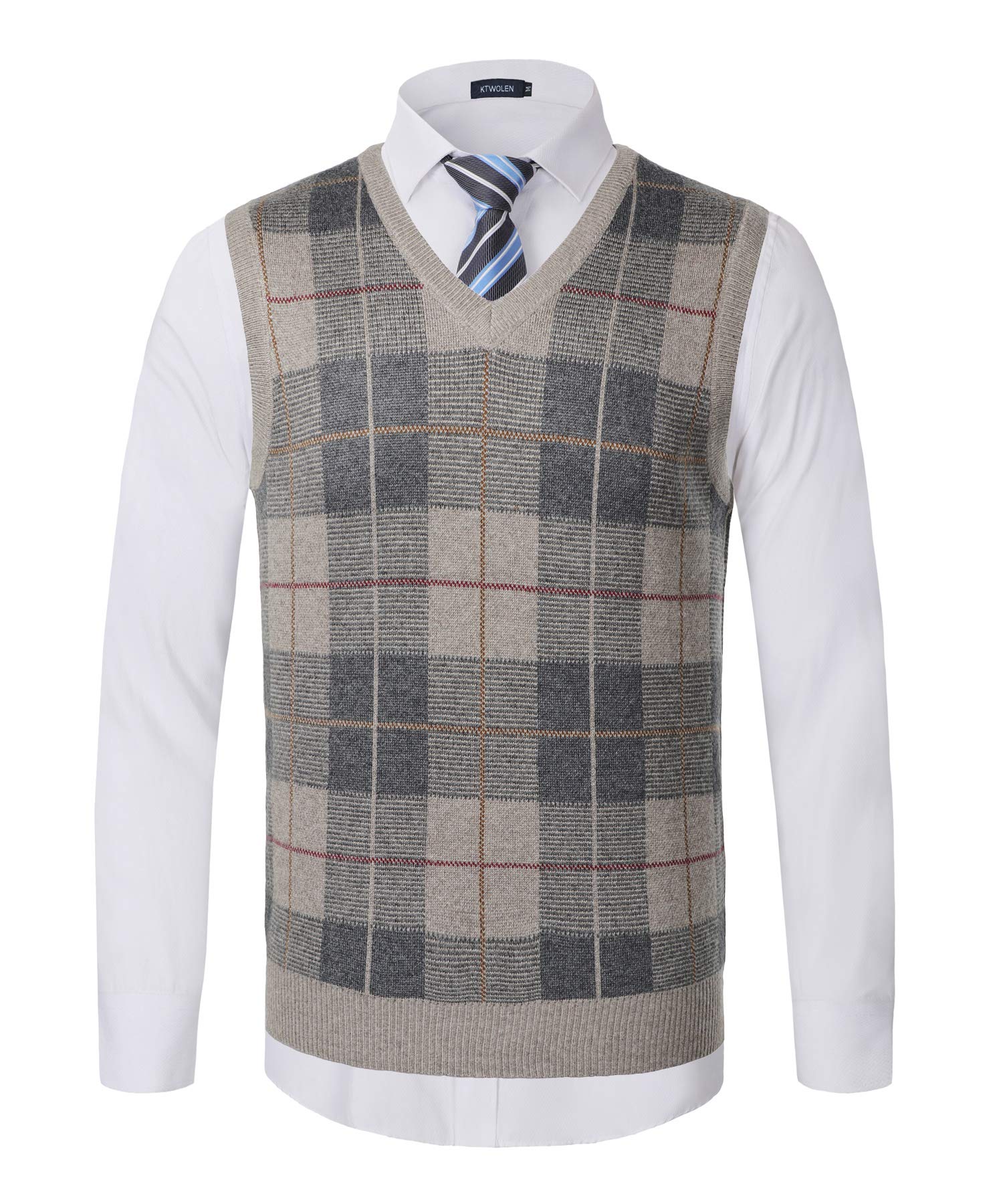 KTWOLENMens Knitted Vest V Neck Thick Sleeveless Wool Blend Slim Fit Pullover Knitwear Checked Sweater Vests