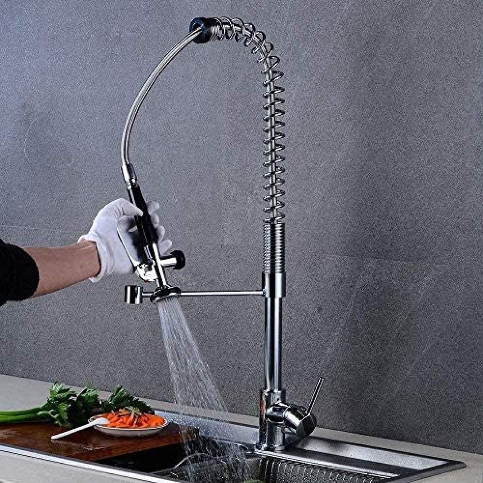 Rubinetto Cucina moderna Rubinetto a molla a scomparsa Maniglia singola Testa rotante Irrigatore Rubinetto lavello pre-risciacquo Rubinetto alto in ottone commerciale per impieghi gravosi