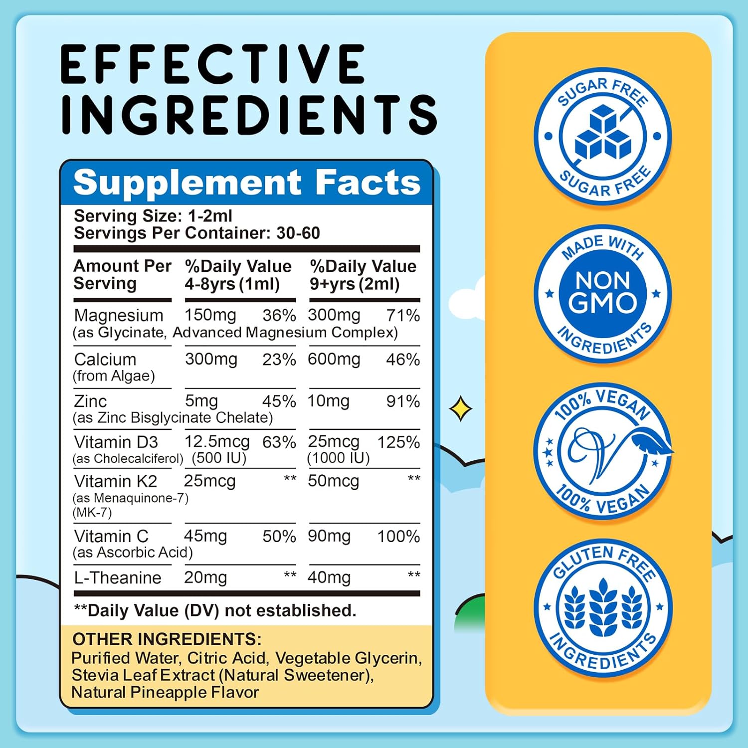 Kids Magnesium Liquid Drops - Magnesium Glycinate Liquid for Kids, Magnesium Supplement with L-Theanine, Calcium, Zinc, Vitamin D3 K2 for Sleep Calm Relaxation Brain Bones, Pineapple Flavor 2 Fl Oz - Image 2