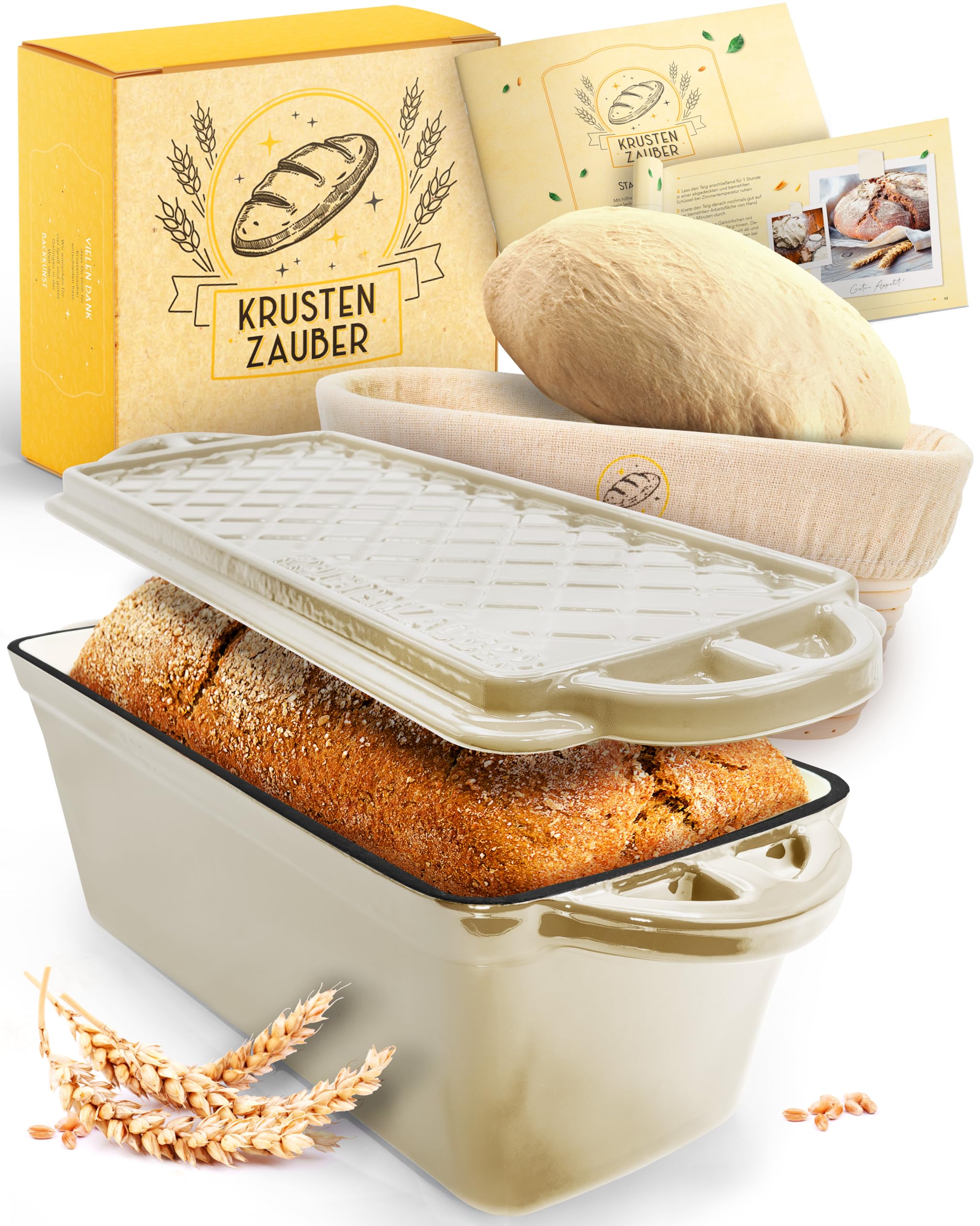 KRUSTENZAUBER Enamel Bread Baking Mould With Lid, Incl. Fermentation Basket - Robust 28cm Cast Iron Baking Mould, Ideal for Bread - Cast Iron Pan, Bread Pot and Baking Accessories KRUSTENZAUBER Enamel Bread Baking Mould With Lid, Incl. Fermentation Basket - Robust 28cm Cast Iron Baking Mould, Ideal for Bread - Cast Iron Pan, Bread Pot and Baking Accessories