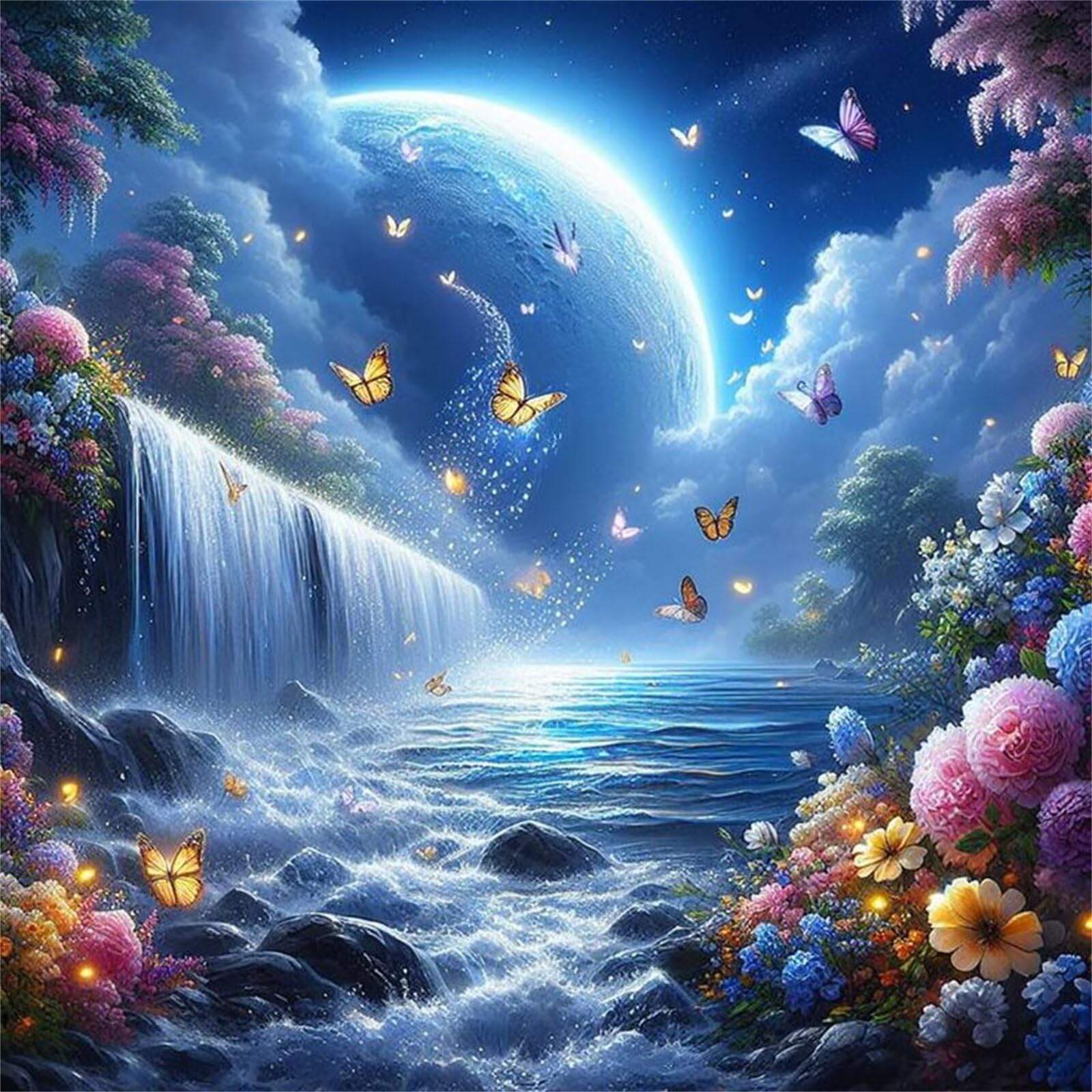5D Waterfall Butterfly Diamond Art Painting Kits for Adults, Scenery Flowers Diamond Painting for Beginner, DIY Full Cross Stitch Embroidery Art Pictures Home Wall Decor Gift Square Drill, 85 x 85 cm