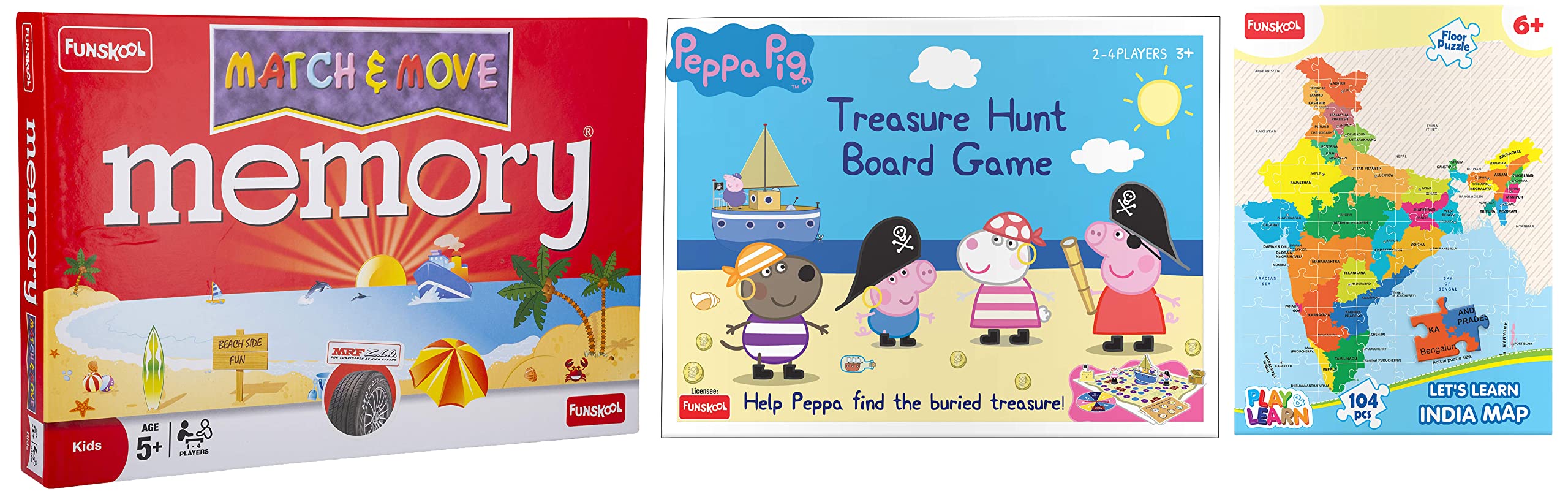 Funskool Games Peppa Treasure Hunt Board Game, Play, Read & Learn India Toy Map Puzzle, Memory Match & Move - 2-4 Players, 104 Pieces, for 6 Years+
