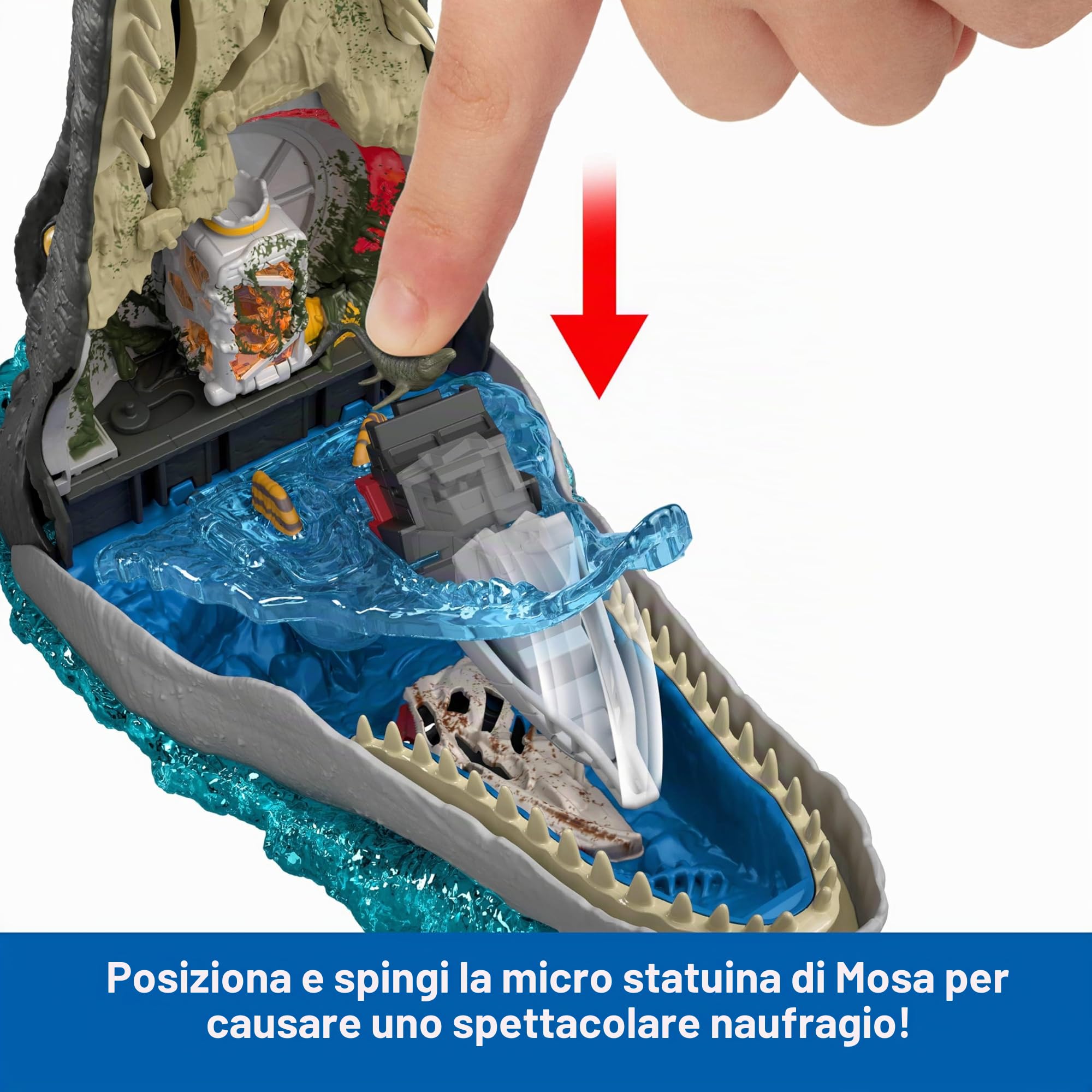Mattel Jurassic World Rebirth Deluxe Mosasaurus Playset con 7 funzioni interattive, 7 effetti sonori e 6 micro figure, pieghevole per trasportare e riporre