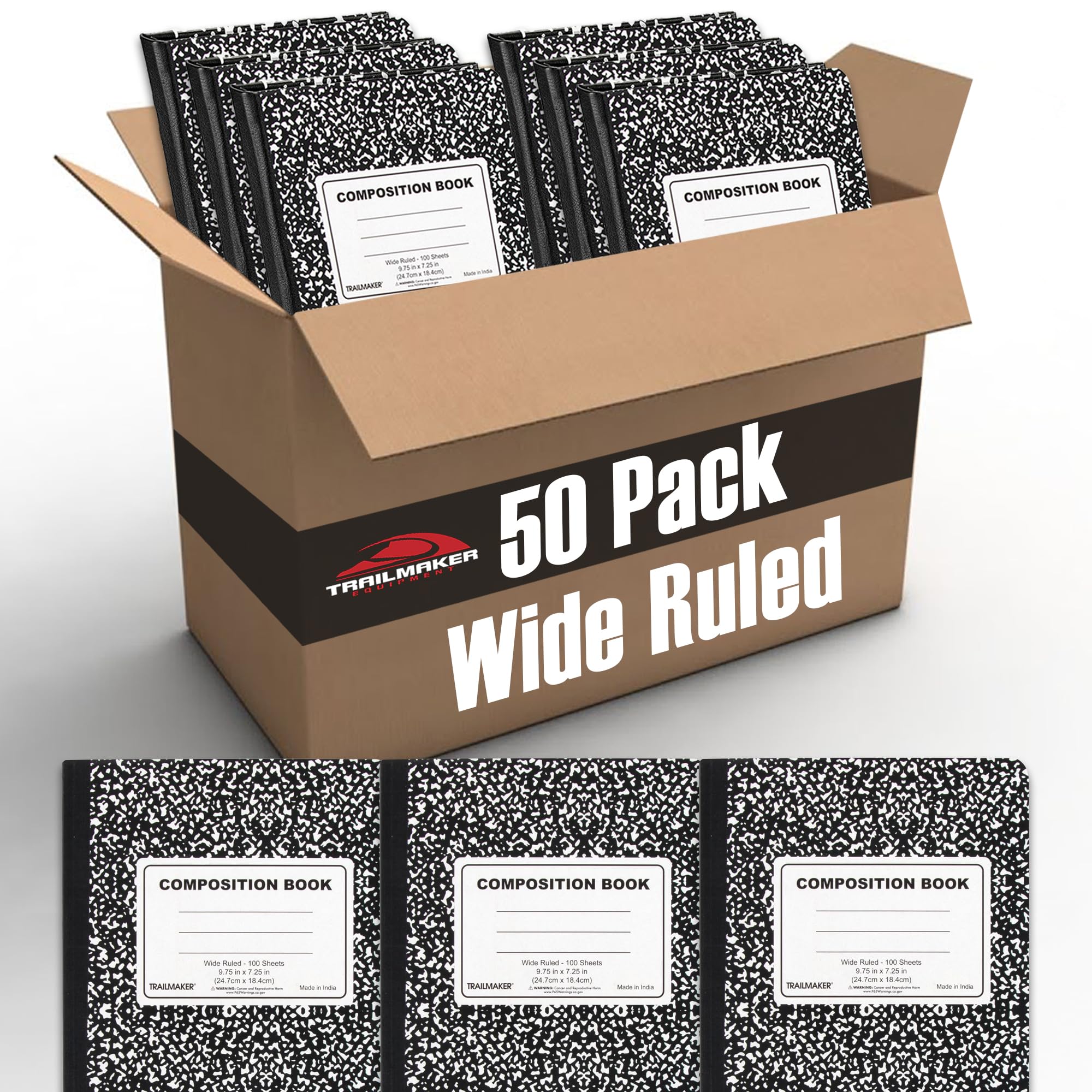 50 Pack Bulk Black and White Composition Notebook Wide Ruled, 200 Pages (100 Sheets), 9-3/4 x 7-1/2", Hard Cover Bulk School Supplies Marble Composition Books for School & Office