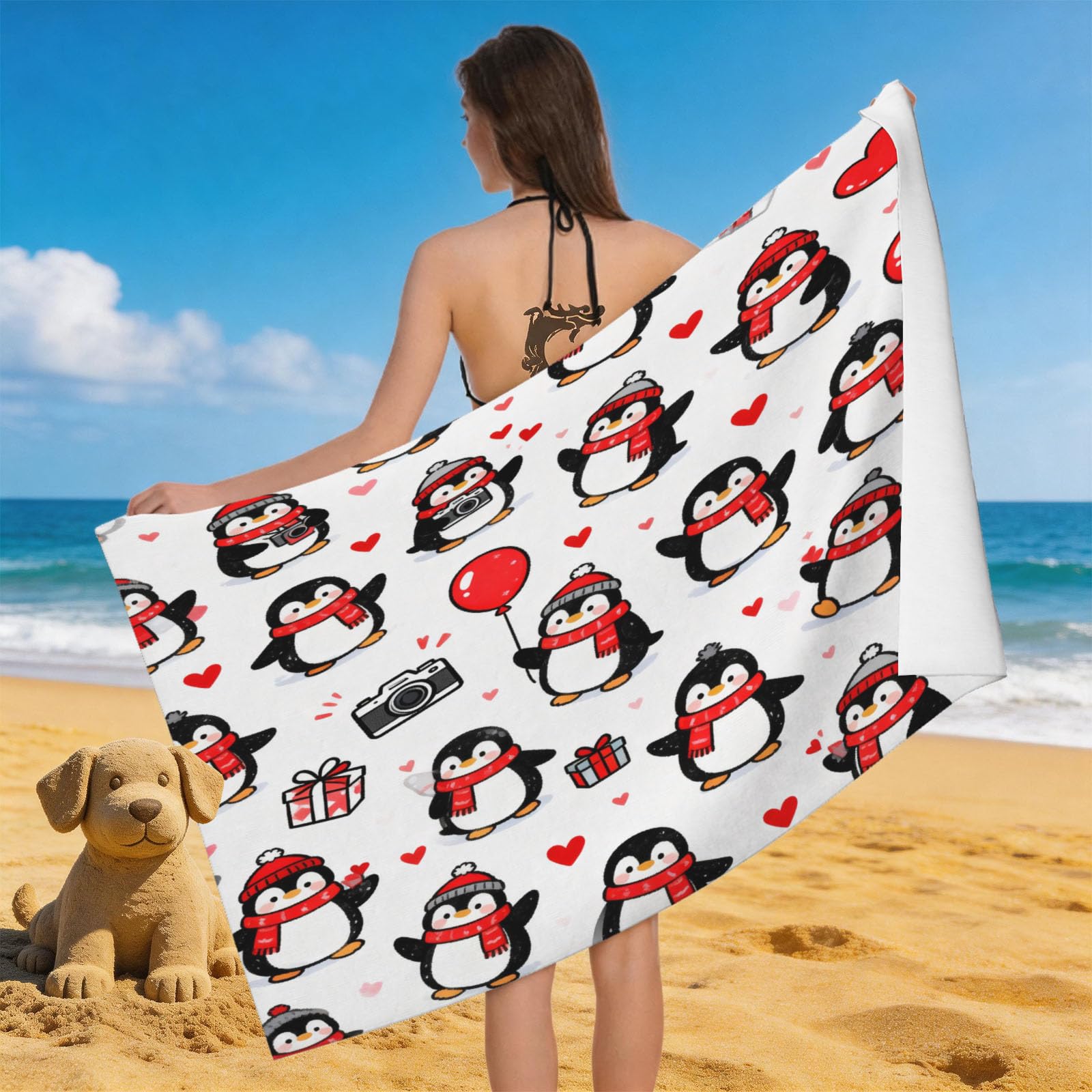 Leichong 3D Penguin Print Beach Towel Large Microfiber Soft Quick Dry for Adults, Simple Bath Towel Lightweight Soft Absorbent for Travel Swimming Pool Sports, 180 x 90 cm