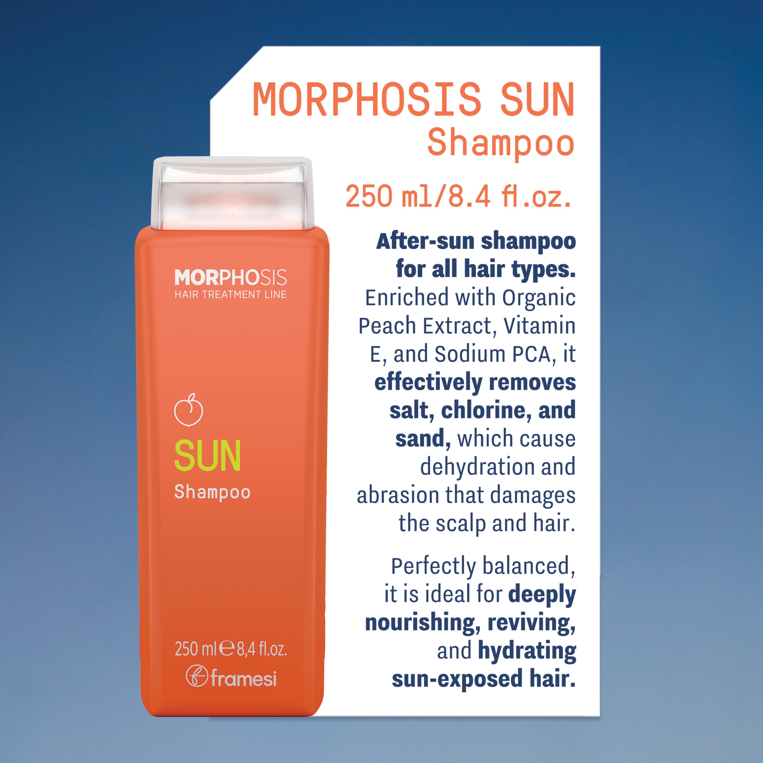 FRAMESI Morphosis SUN Shampoo, Gently Removes Chlorine and Residues of Salt and Sand, Deeply Cleanses and Hydrates Hair and Scalp, Natural Ingredients, Color Safe