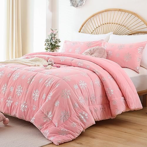 Smoofy Juego de edredón de Navidad, tamaño Queen, juego de ropa de cama de terciopelo rosa metálico con estampado dorado, juego de edredón cálido de
