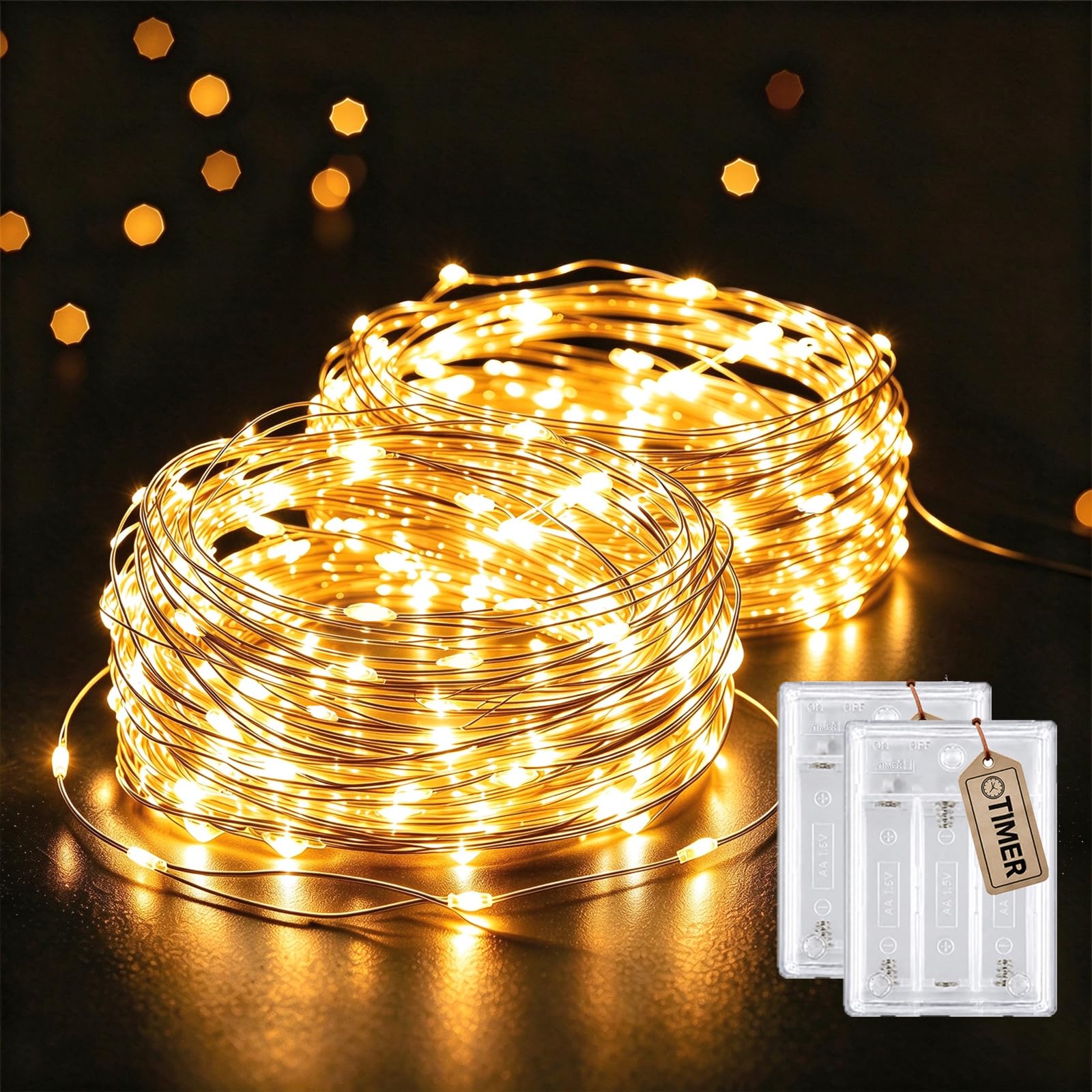 Vulisox 60LED Fairy Lights, 2 Pack 12M Christmas Lights Battery Operated