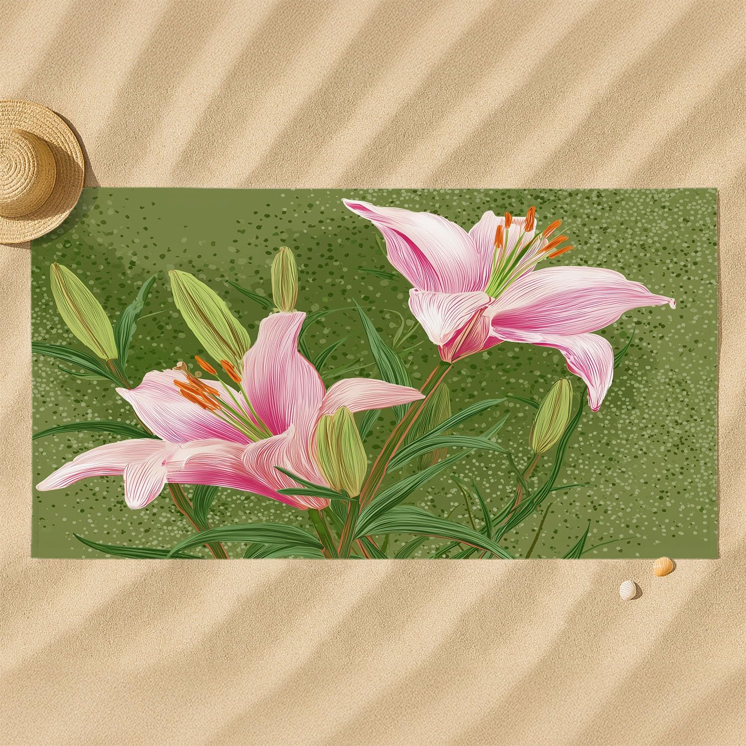 Realistisch, Ästhetisch, Elegant, Frisch Strandtuch 230 x 210 cm - Strandtuch trandtuch Leichtdünn Weich Lilien, Blütenblätter, Grüne Blätter, Botanisch,für Strand, Pool, Yoga, Picknick