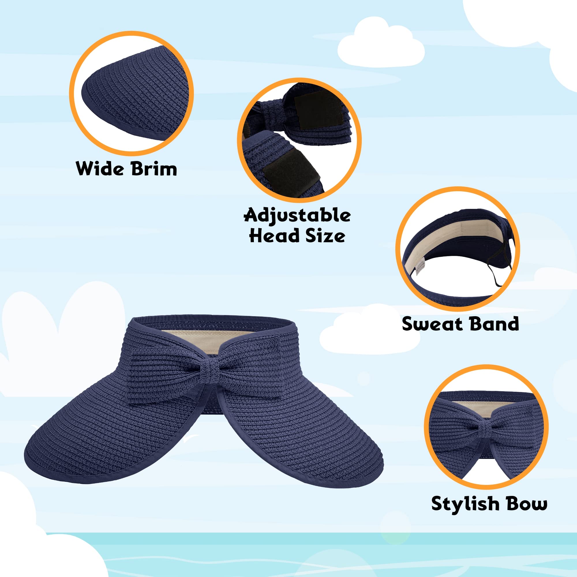 Visera solar de paja para mujer, ala ancha, protección UPF 50+, sombrero de playa, ajustable, plegable, gorra de cola de caballo con correa para la barbilla, marino, Talla única 4