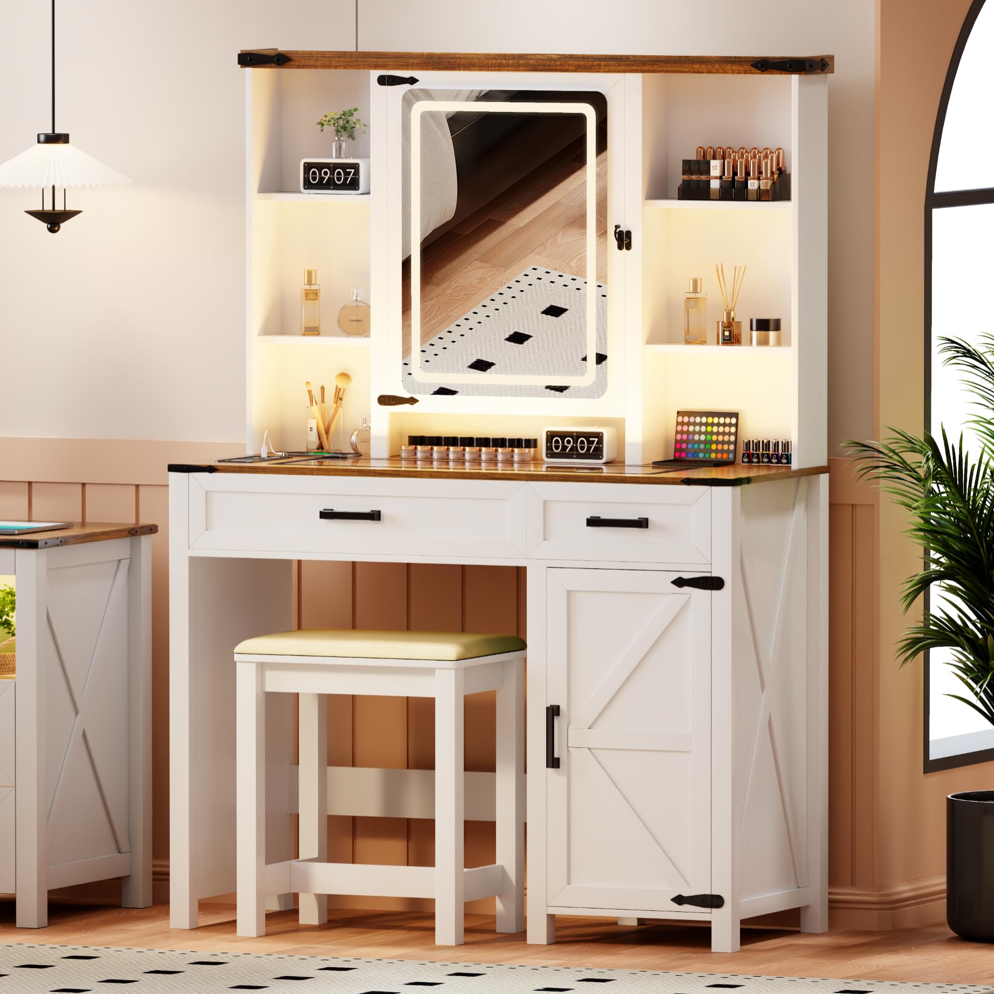 GlasFlength Farmhouse Makeup Vanity Desk with Mirror & Light, 40'' Glass Tabletop Vanity Table with 2 Drawers & Hidden Jewelry Cabinet, Rustic Big Vanity Charging Station Set, Stool Included, Bedroom