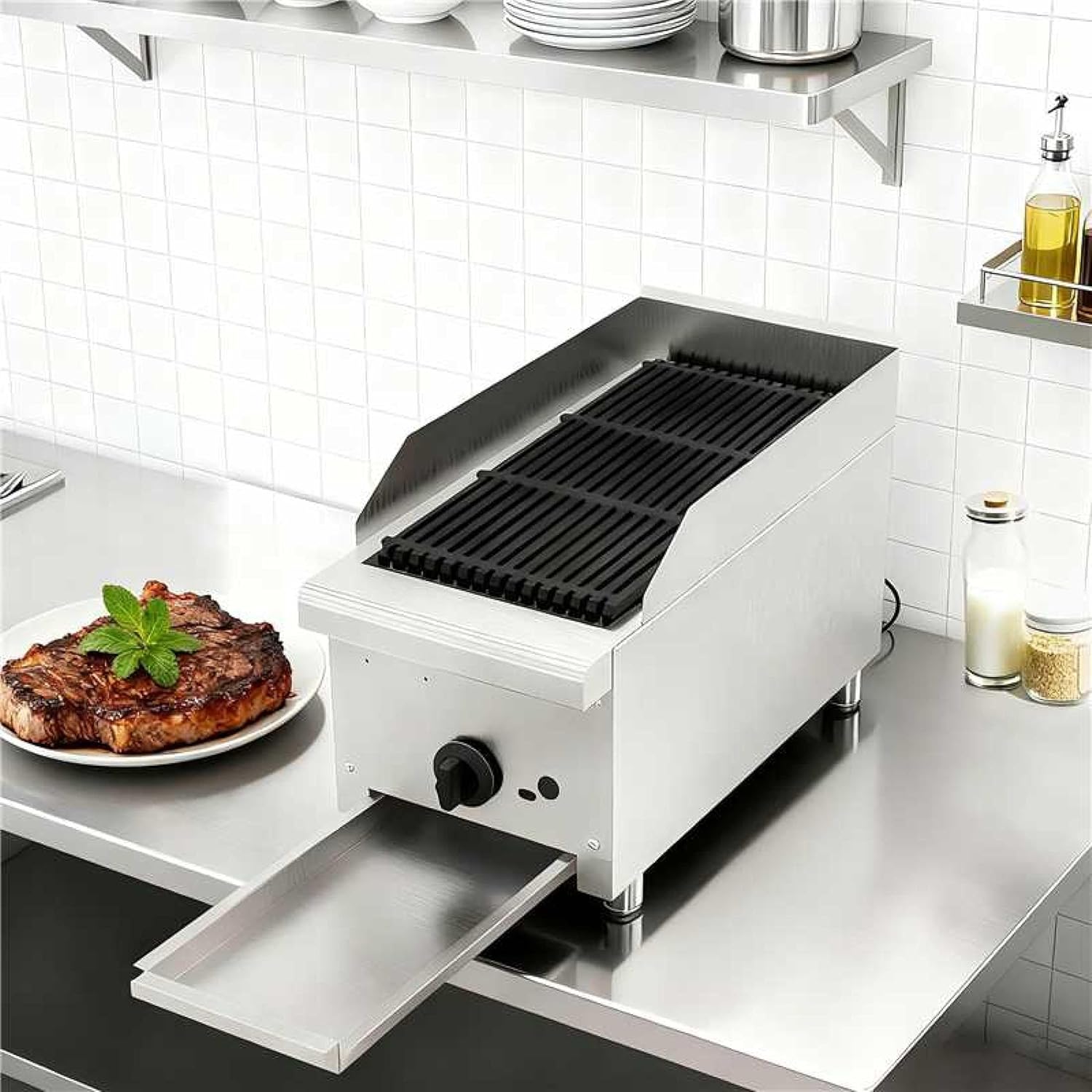 Commercial Lava Rock Charbroiler Countertop Stainless Steel Grill Broiler Single Burner 28000 BTU Convertible NG LP Cast Iron Grates Restaurant BBQ Cooker for Meat Seafood Vegetable Steak Kitchen