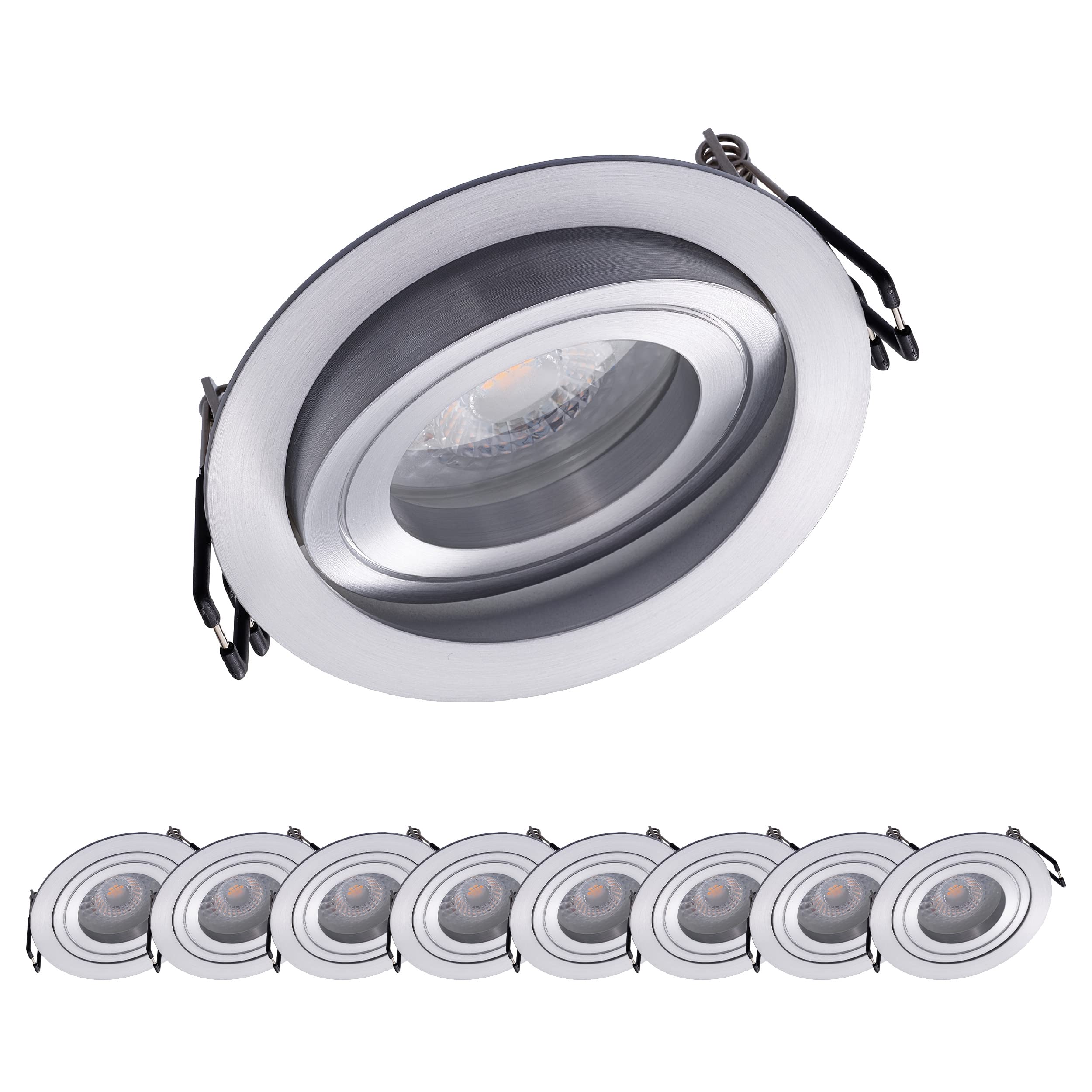 Oktaplex Juego de 9 focos empotrables orientables con módulo LED, 3 niveles regulables, aluminio Lyon, 4,8 W, 3000 K, 230 V, 380 lm, blanco cálido, diámetro de montaje 80 mm, redondo