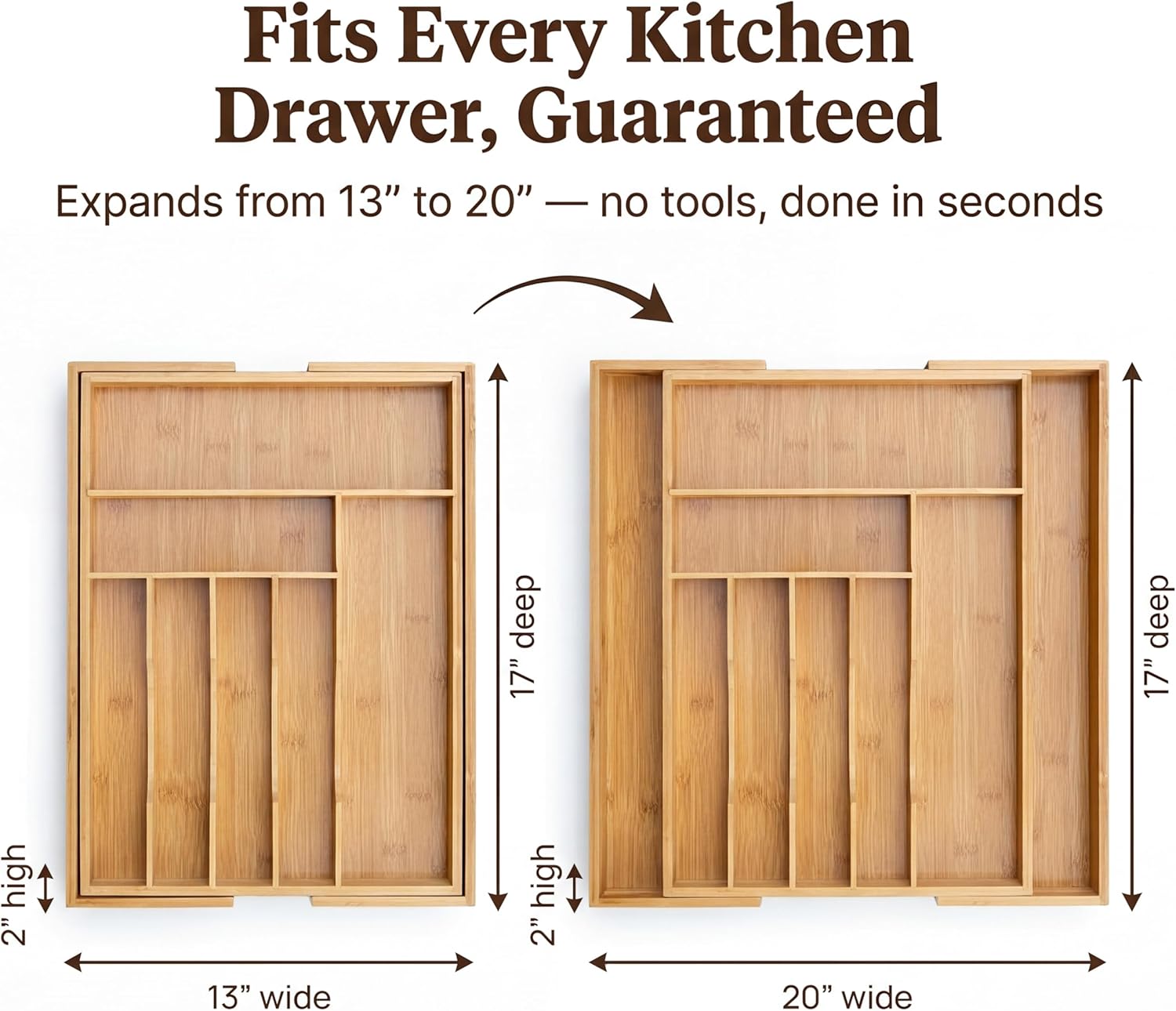 Liviys Cutlery Drawer Organizer for Kitchen Utensils, 13-20 Inches Expandable Bamboo Utensil Tray, Large Wooden Silverware Organizer Insert for Kitchen Drawers