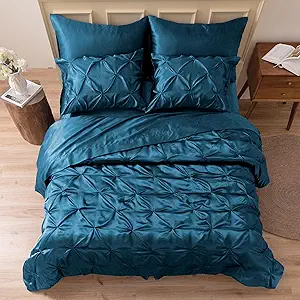 MR&HM Satin Comforter Twin XL 5 Pieces - Luxurious Pinch Pleat Bedding Set with Comforter, Flat Sheet, Fitted Sheet, Pillowcase & Sham, Super Silky Soft Bed Set for All Season (Twin XL, Teal)