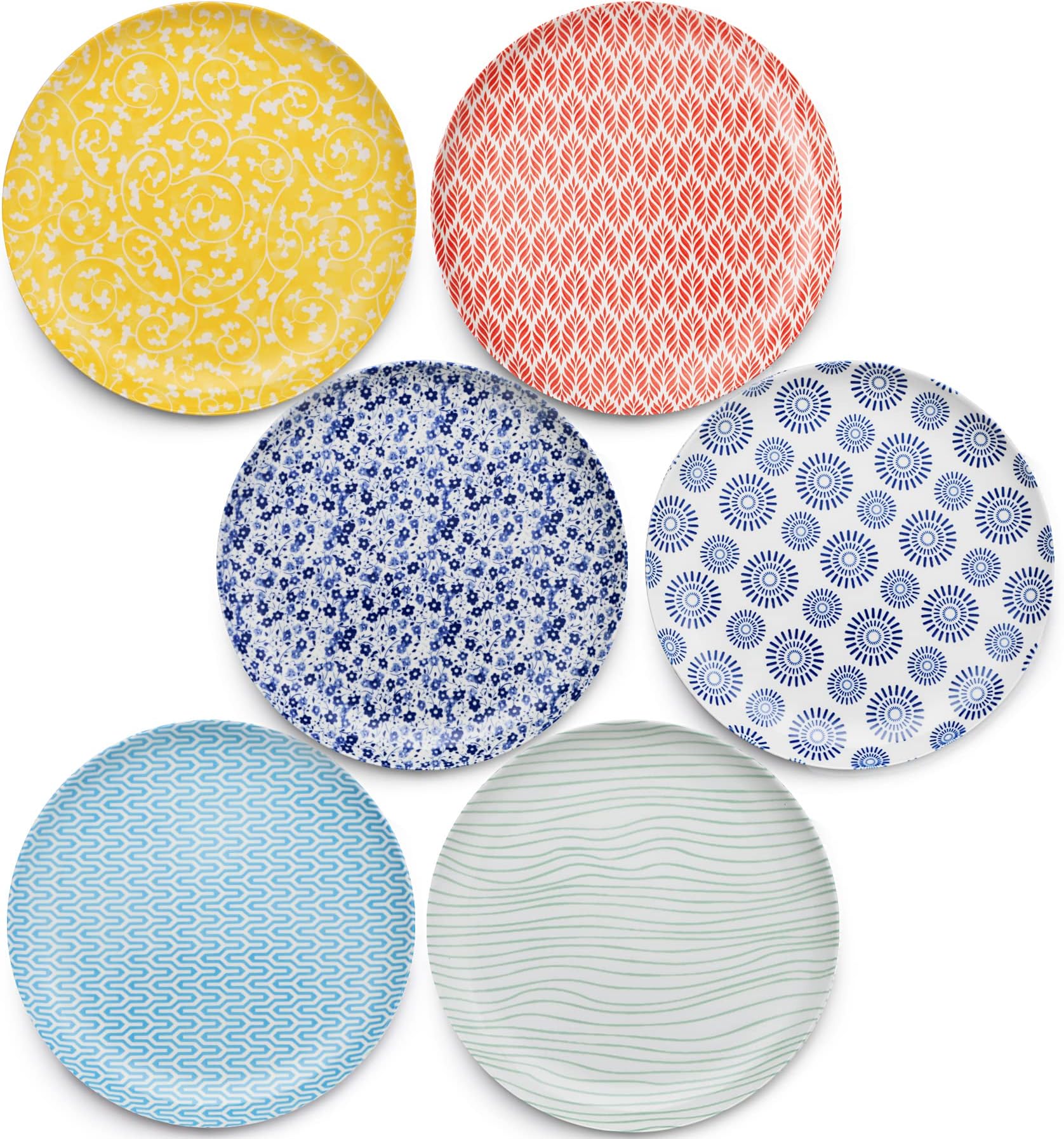 Amazingware Porcelain Dessert Salad Plates - 8 Inch - Set of 6, Assorted Designs for Christmas Gifts