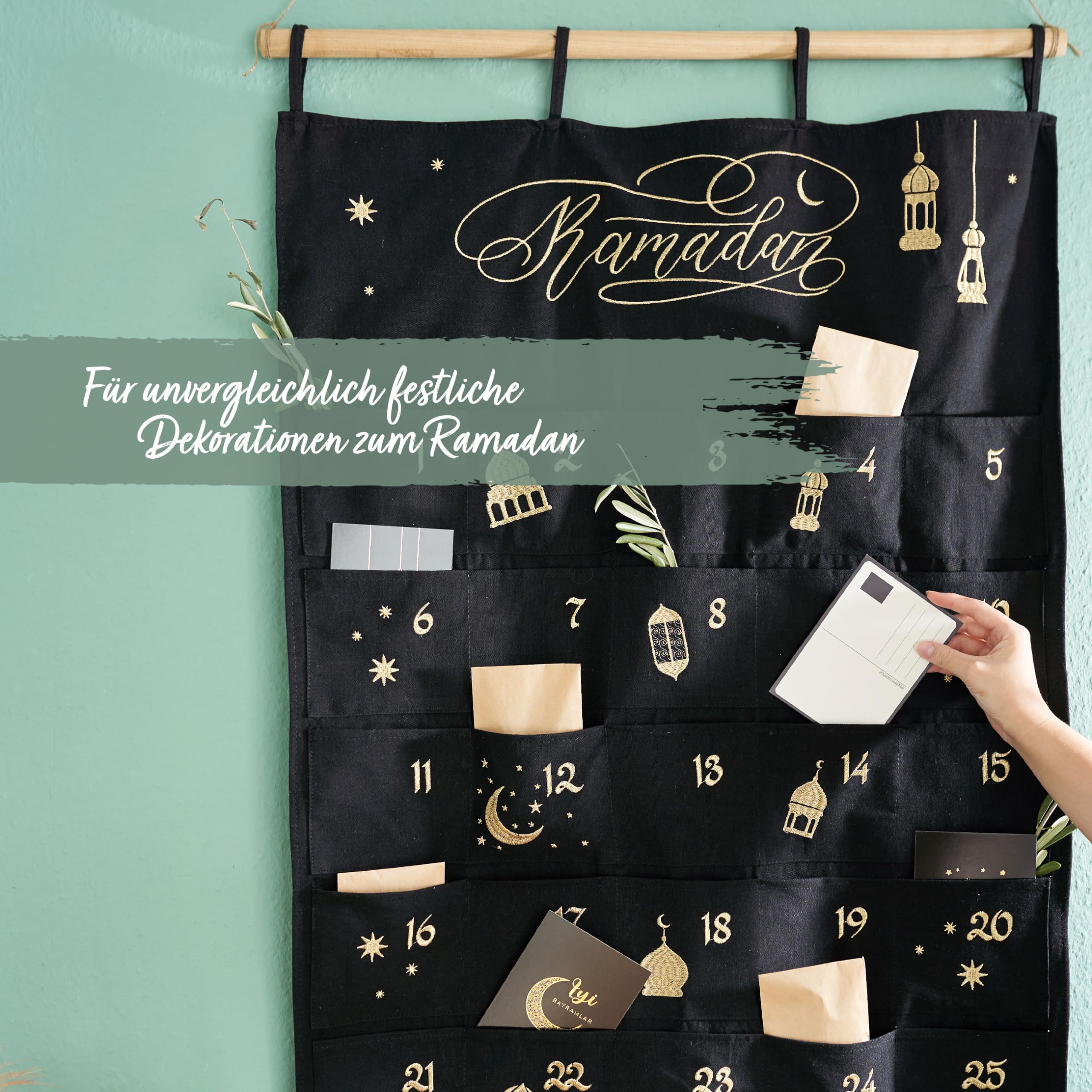Papierdrachen Ramadan Calendar as a Wall Calendar Made of Fabric for Filling, Black, High-Quality Embroidered, Fabric Bag - Image 4
