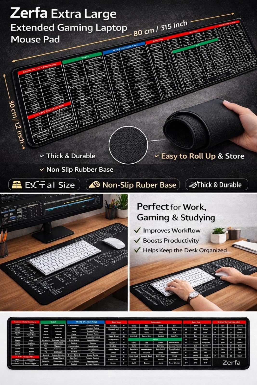 VAIBHAV ENTERPRISES XXL Computer Shortcut Keys Mouse Pad Desk Mat, Quick Reference for Excel, Word, PowerPoint, Photoshop & CAD, Extended Non-Slip Gaming & Office Mousepad