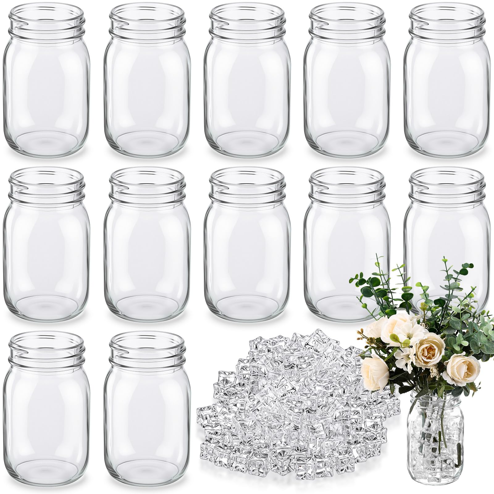 Mimorou 12 Set Regular Mouth Glass Jars Centerpieces Sets Clear Glass Jar 16oz Without Lid Fake Ice Acrylic Clear Decorative Cubes for DIY Flower Wedding Centerpiece Home Decor