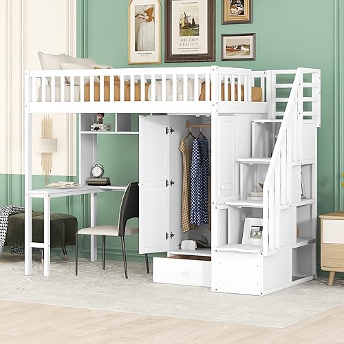 Twin Size Loft Bed Wood Bed Frame with Bookshelf Drawers Desk and Wardrobe White