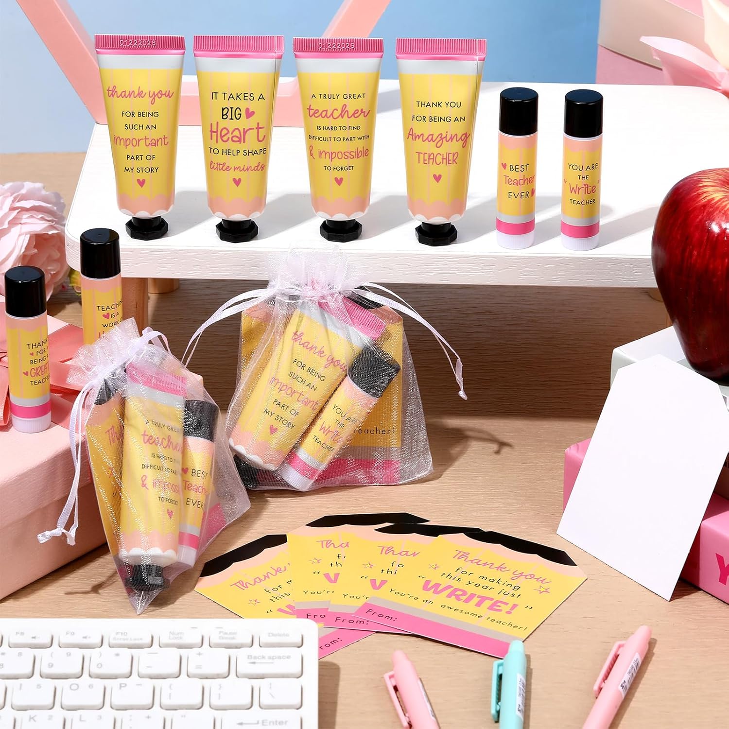 24 Set Teacher Appreciation Gifts for Women Include Hand Cream Lip Balm Bulk Organza Bags Cards Thank You Teacher Gifts for Graduation Back to School First of School End of Year Party Favors