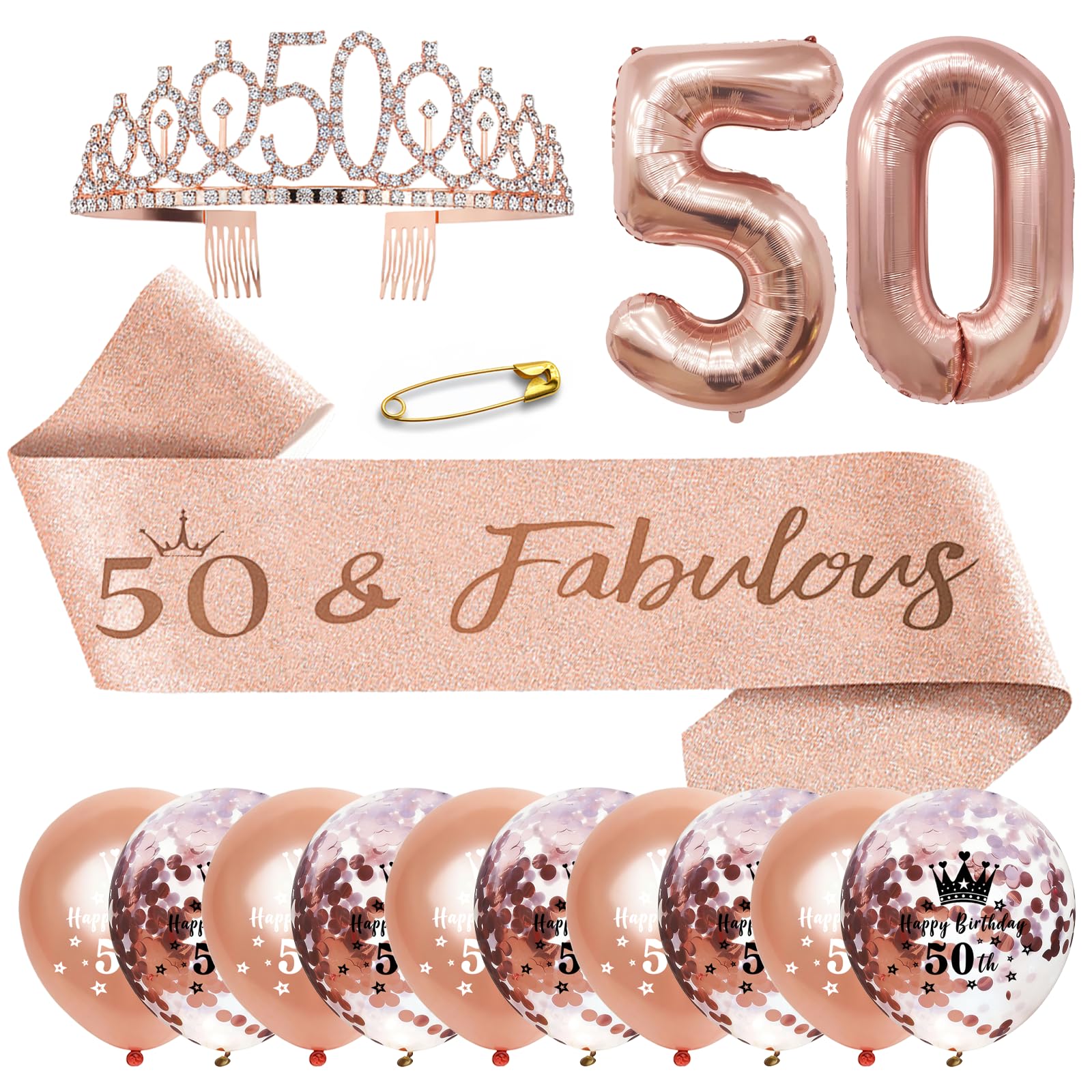 50 Anni Compleanno Decorazione Regalo di Festa per Donna, Fascia Compleanno Donna Corona Compleanno Personalizzata,Palloncini,Idee Regalo e Decorazione per Donna, 50 anni compleanno donna