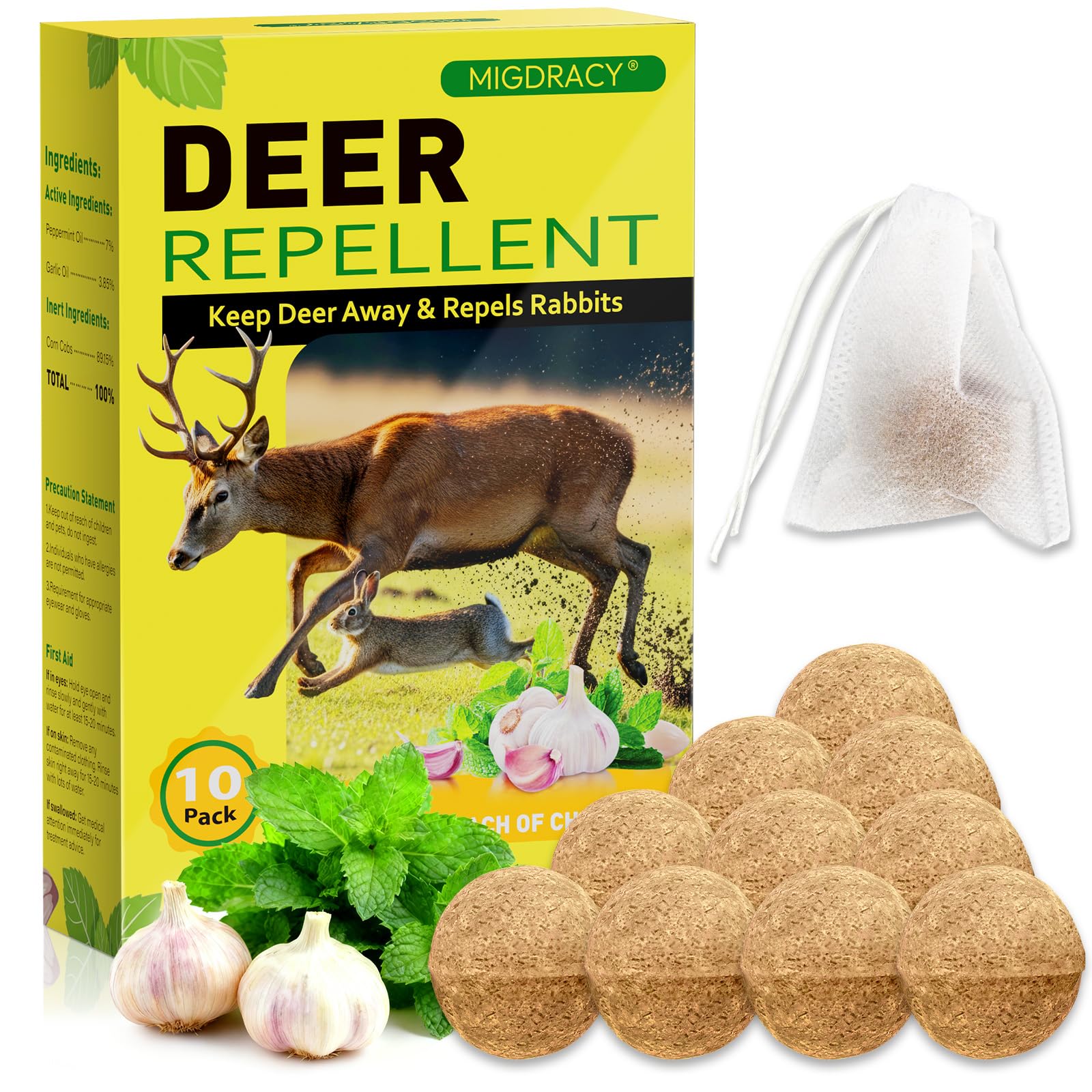 Photo 1 of Deer & Rabbit Repellent Balls, 10 Pack Natural Plant-Based Formula with Peppermint & Garlic Oils, Long-Lasting Outdoor Animal Deterrent, Non-Woven Drawstring Pouches for Yard, Garden & Plants