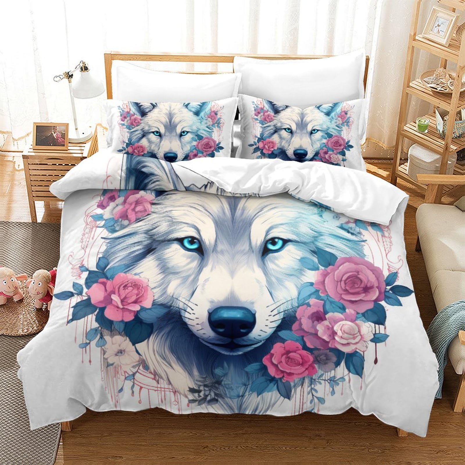 Linge de lit loup 3D anti-plis en microfibre douce avec housse de couette fermeture éclair