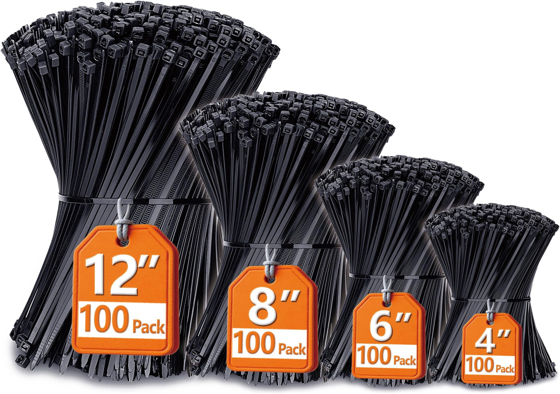 Anoson - Zip Ties (4"+6"+8"+12"), 400 Pack, Black Cable Ties, UV Resistant Wire Ties