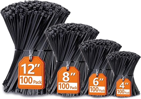 Zip Ties Assorted Sizes(4”+6”+8”+12”), 400 Pack, Black Ca...