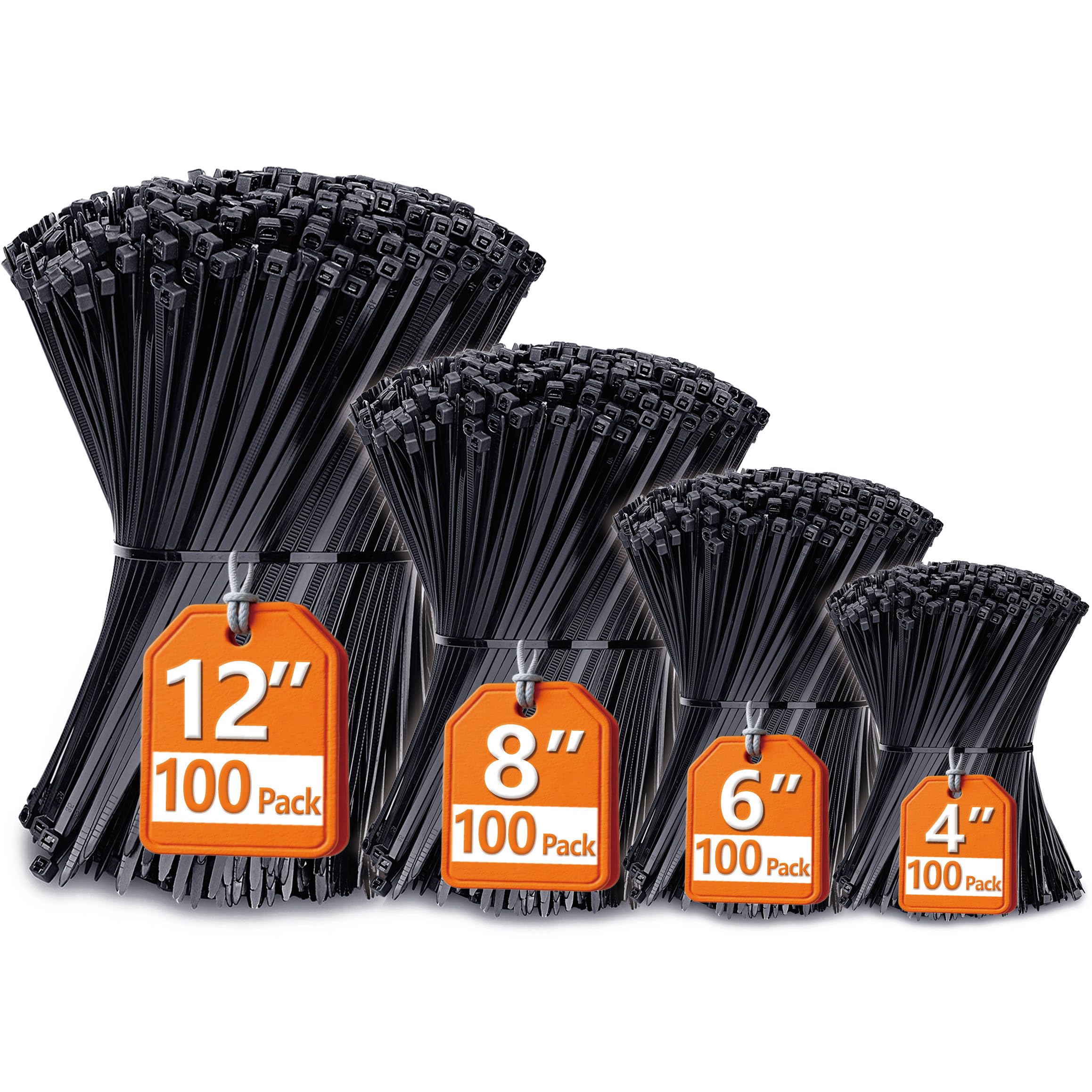 Zip Ties Assorted Sizes(4”+6”+8”+12”), 400 Pack, Black Cable Ties, UV Resistant Wire Ties by ANOSON