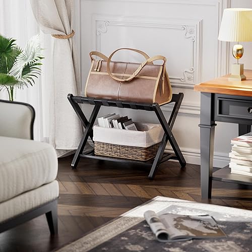 Miniatura 2 de SMIBUY Portaequipajes, juego de 2, soporte plegable de bambú para maleta con estante de almacenamiento para habitación de invitados, dormitorio,