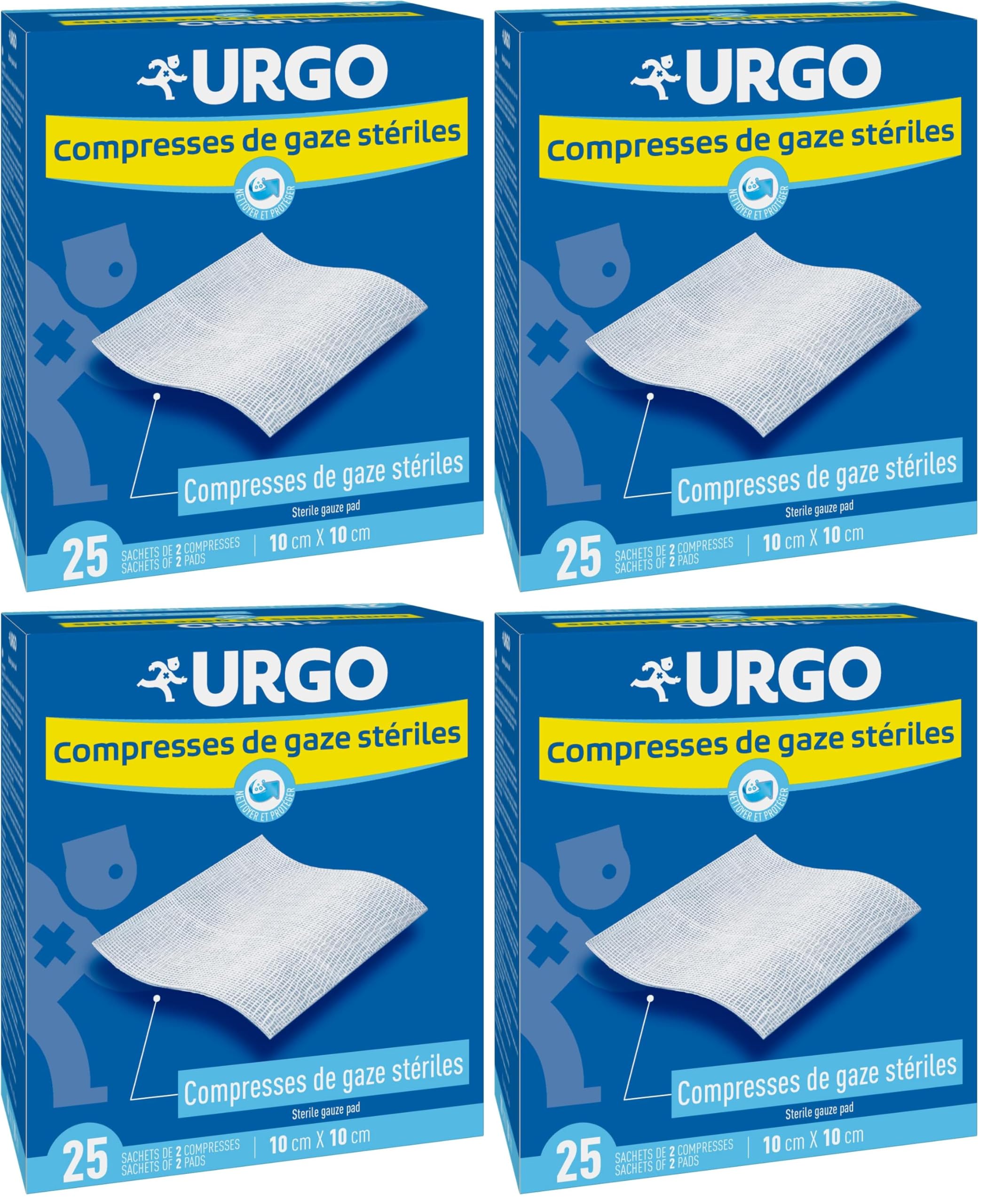 Urgo - Sterile Gaskompressen – Absorption – Box mit 25 Beuteln mit je 2 Kompressen – 10 cm x 10 cm (Packung mit 4)