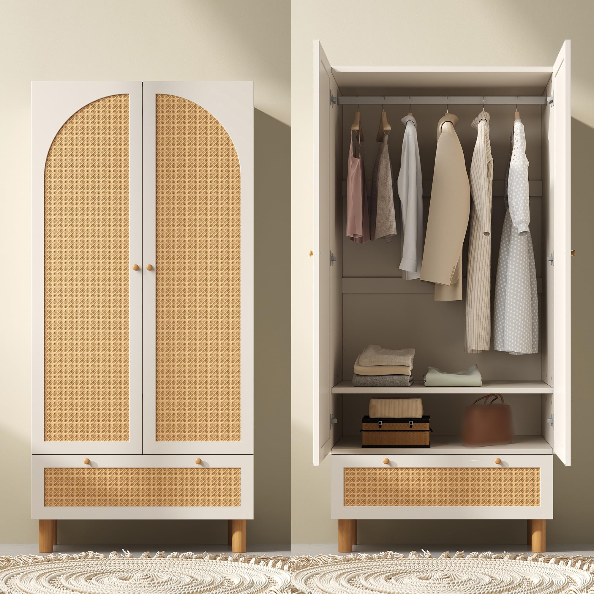 Armadio in rattan, con 2 ante e cassetto grande, regolabile in altezza, per camera da letto, soggiorno, 85,5 x 52 x 180,5 cm, bianco