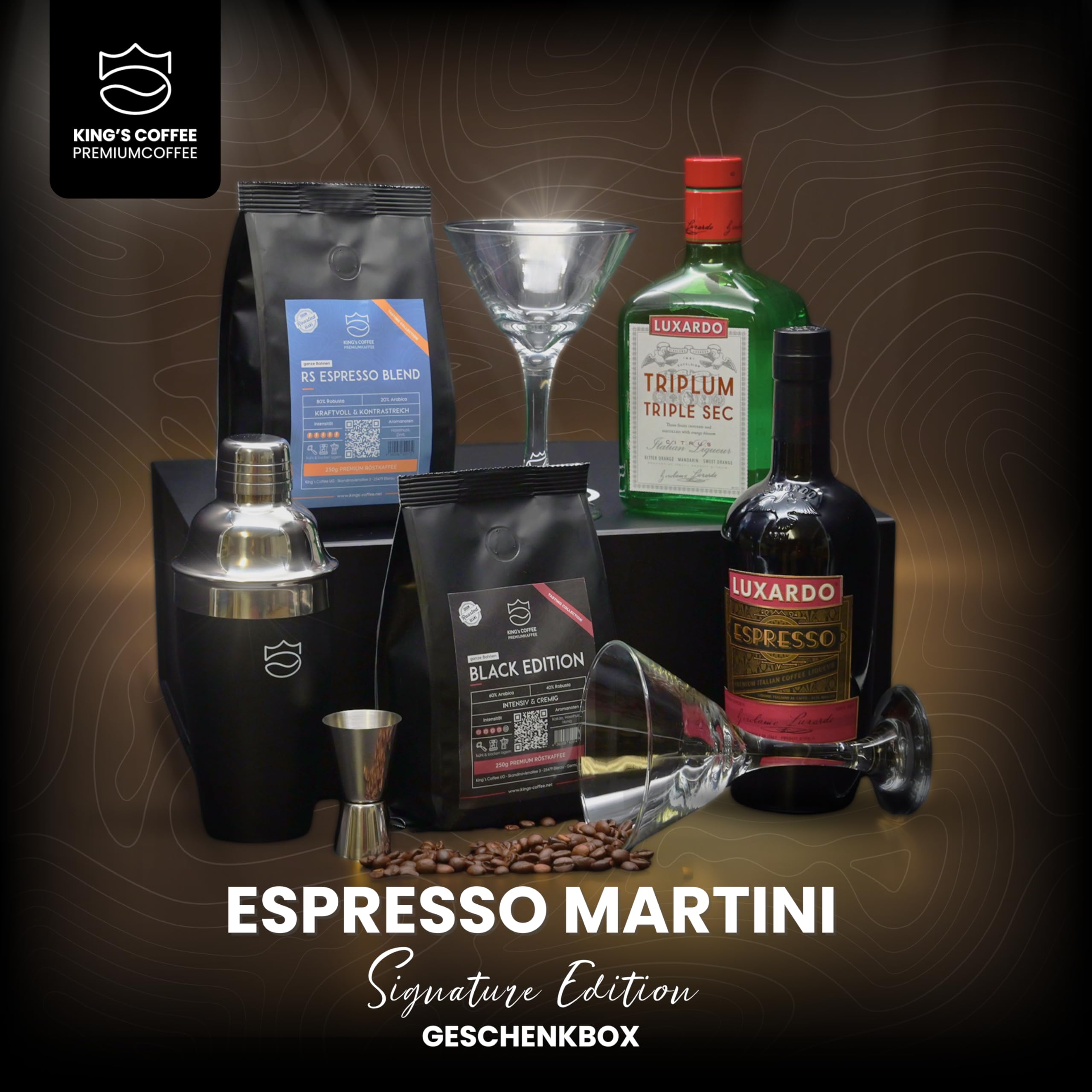 King's Coffee | Espresso Martini Box | Premium Cocktail Geschenkset für Kaffeeliebhaber| DIY Kit mit Kaffee & vielfältigen Zubehör | Perfektes Männer & Frauen Geschenk | Bar-Qualität für Zuhause