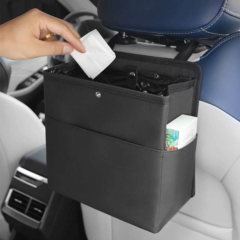 Image of Accmor Car Trash Can with Pocket, Small Vehicle Dustbin Automotive Garbage Organizer Bin with 60 Pcs Trash Bags, Hanging Cars Storage Container for SUV Vans (Black)