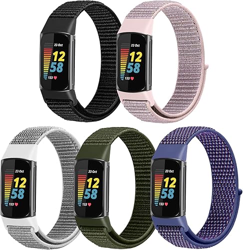 Nylon Loop Watch Bands Compatible with Fitbit Charge 5 Bands, 5 Pack Adjustable Soft Breathable Sport Loop Wristband Replacement Straps for Charge 5