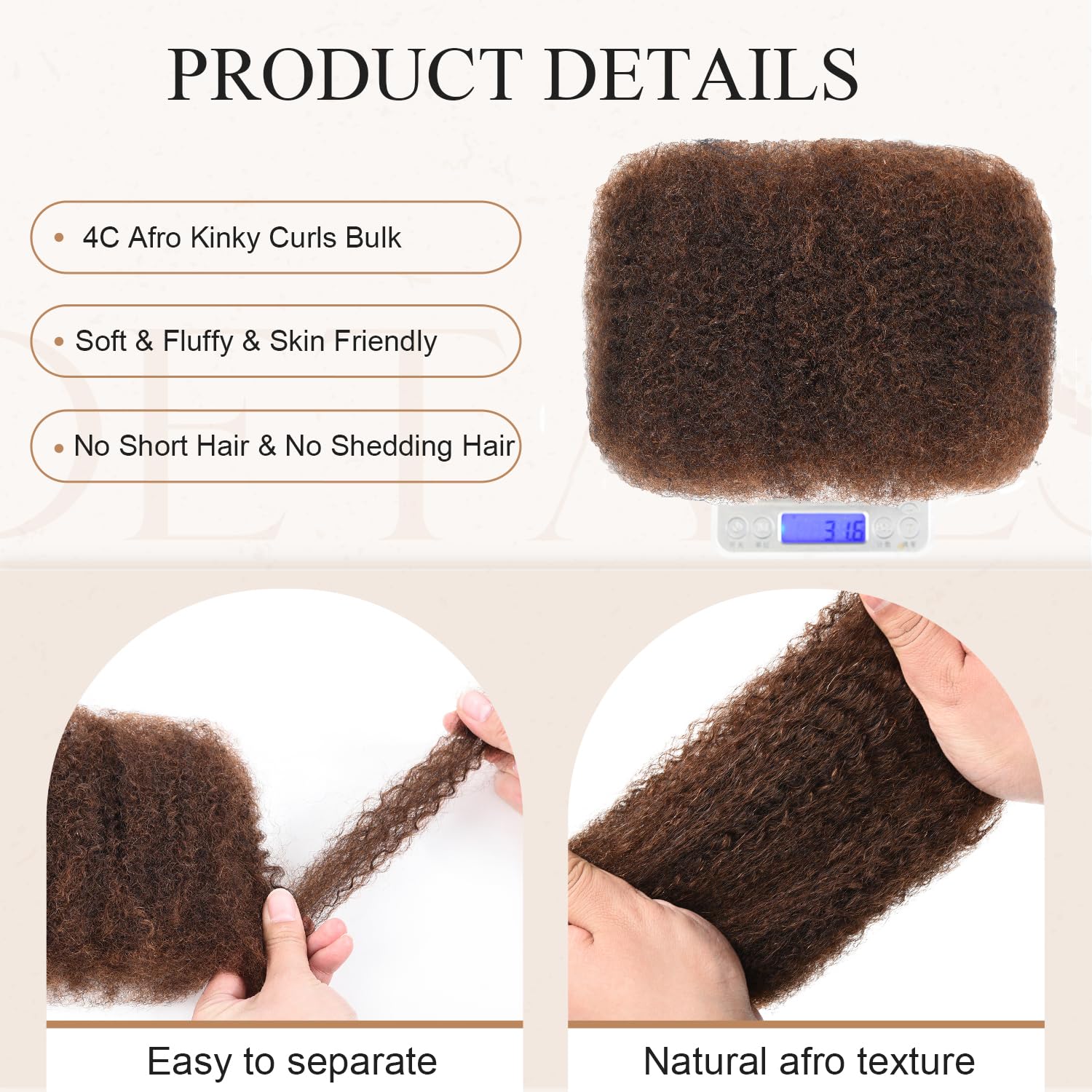 Originea Afro Kinky Curly Human Hair Bulk for Dreadlocks and Twist Braiding 100% Human Hair 3 Packs 10 Inch Soft Afro Kinky Bulk Human Hair Extensions for Braiding (#4 Medium Brown) - Image 2
