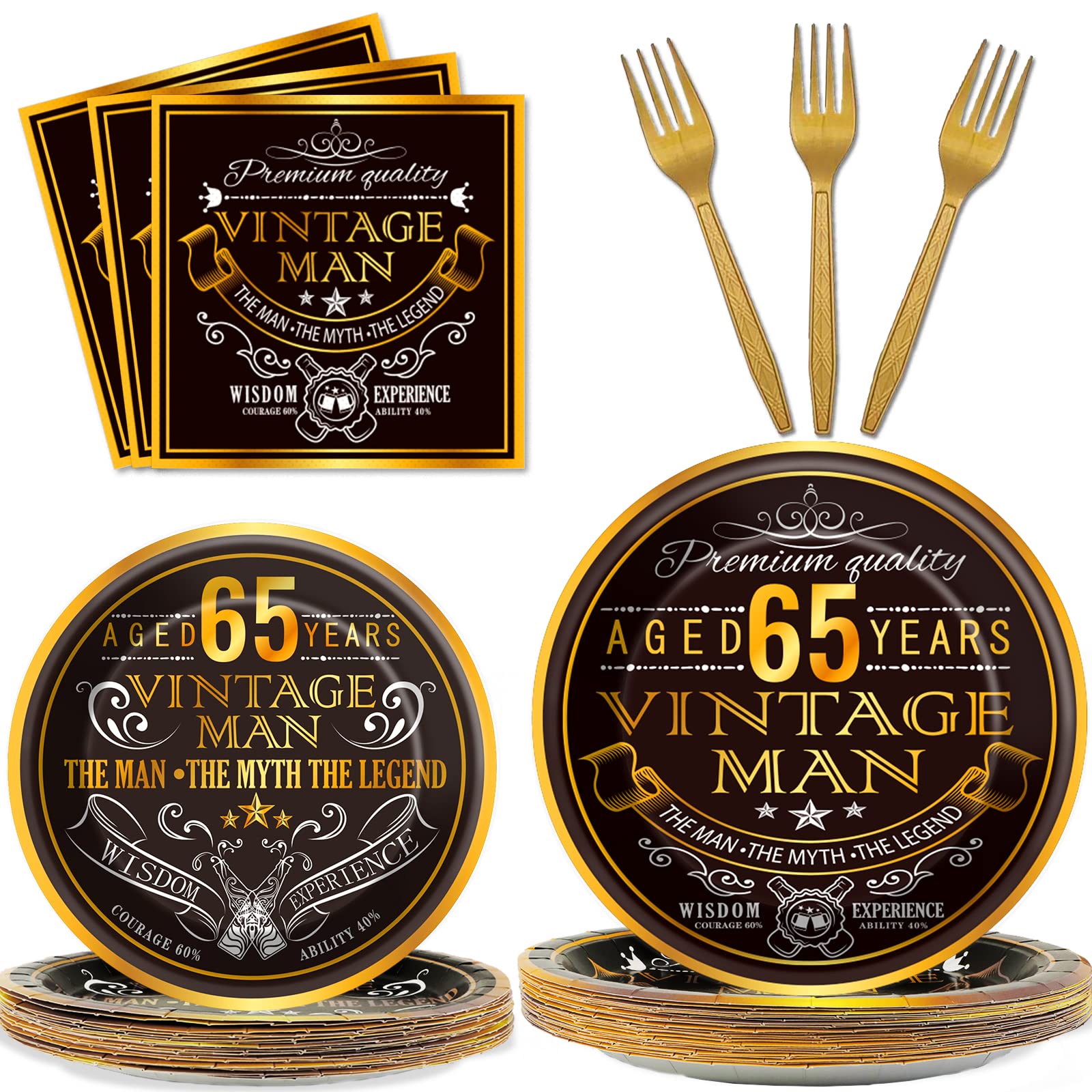Wiooffen 96 Pcs Vintage 65th Party Tableware Set Back in 1961 65th Theme Birthday Party Table Decoration Supplies Cheers to 65 Years Paper Plate