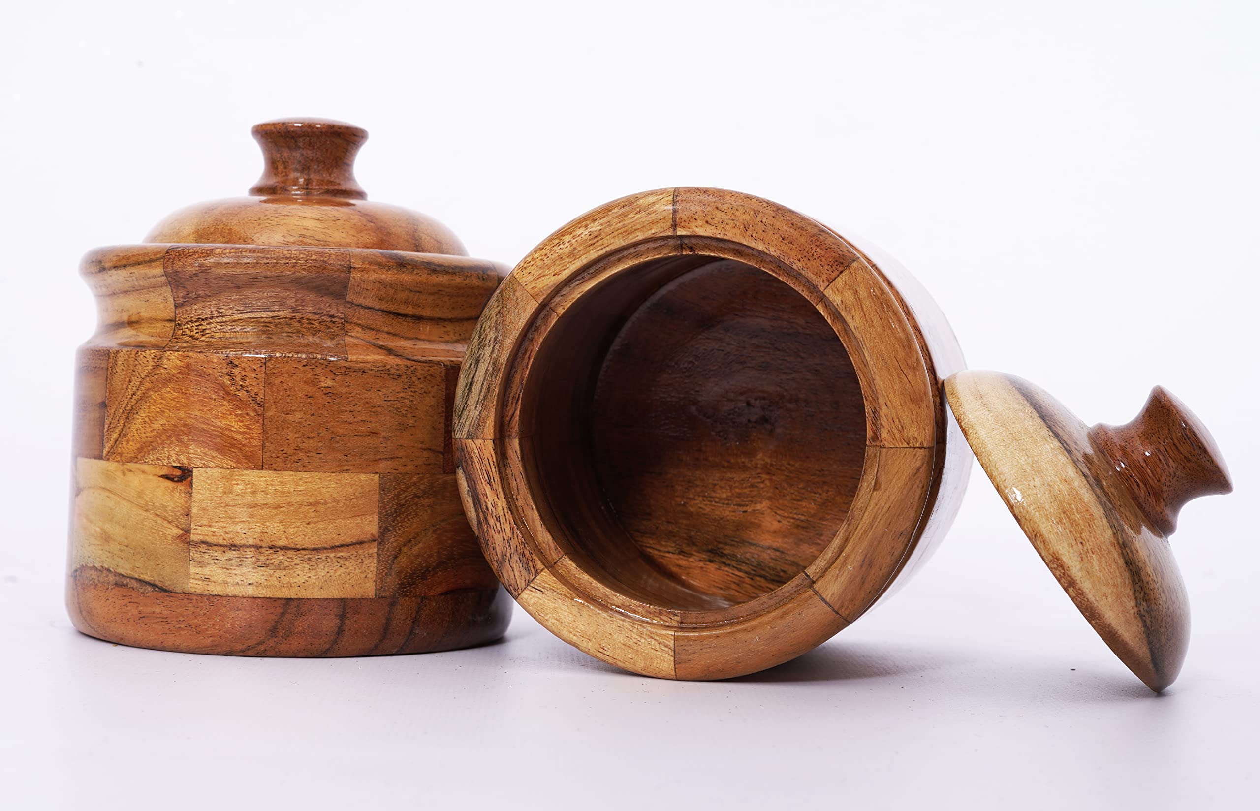 BRANDSOON Wooden Jar Container with Lid for Kitchen Handmade Kikad Ultra-Durable Handcrafted for Salt Gourmet Herbs Pickle (400 ml, Pack of 4)