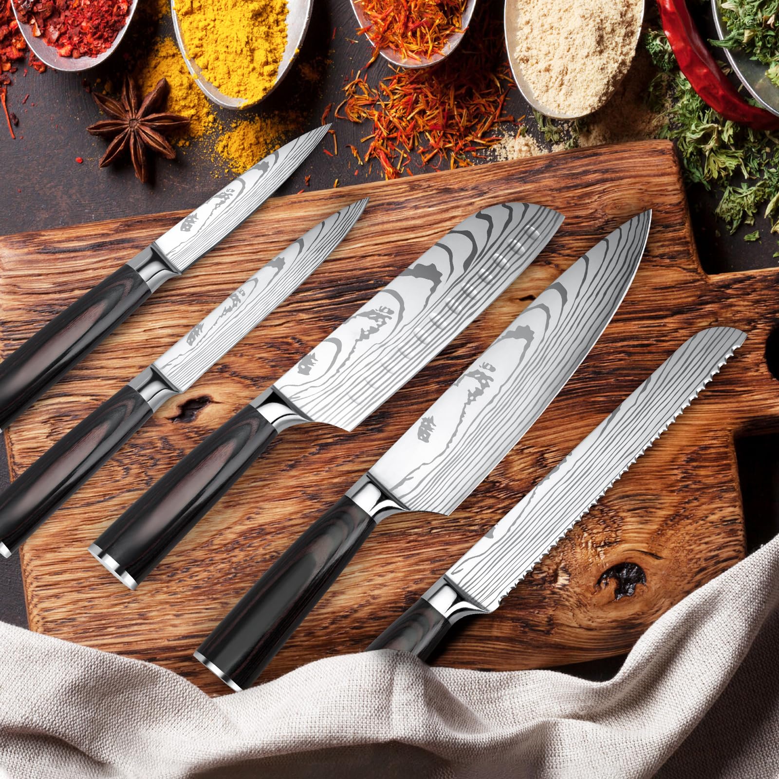 Messerset 5-tlg Küchenmesser Set aus Hochwertigem Edelstahl, Ergonomischen Griff, Profi Messer Set mit Kochmesser, Brotmesser, Santoku Messer, Allzweckmesser, Gemüsemesser-Geschenkbox