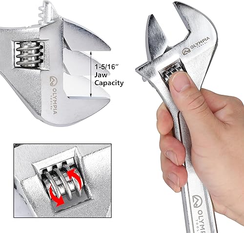 Vista 13 de Olympia Tools Llave ajustable de 15 pulgadas, acero forjado de alta resistencia, cromado, mandíbulas mecanizadas de precisión, resistente a