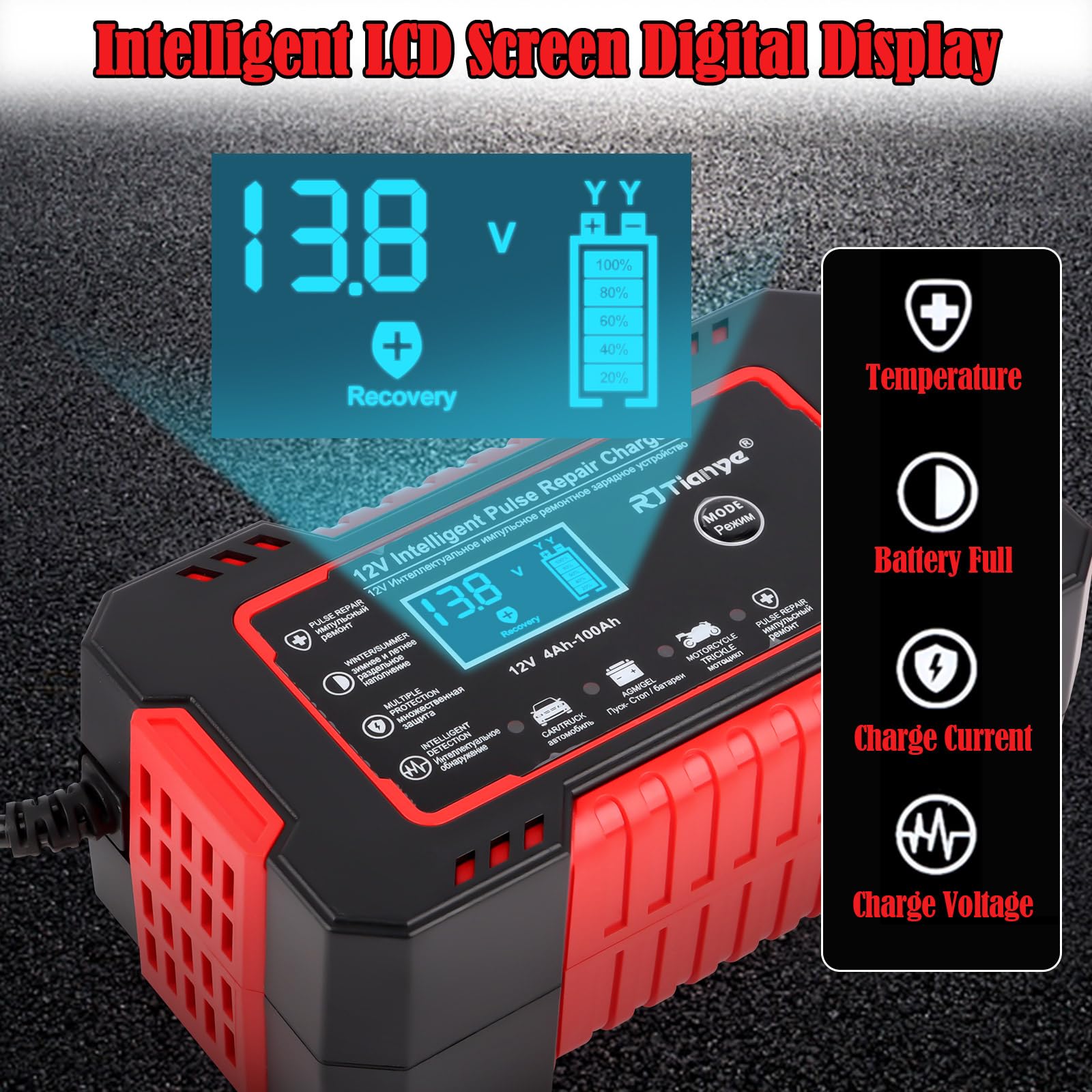 Carica Batteria per Auto 6A 12V, Caricabatterie Auto con Intelligente Schermo, Mantenitore Batteria Moto con Compensazione Della Temperatura, Carica Batteria Auto per Camion, Moto, Tosaerba, Barca