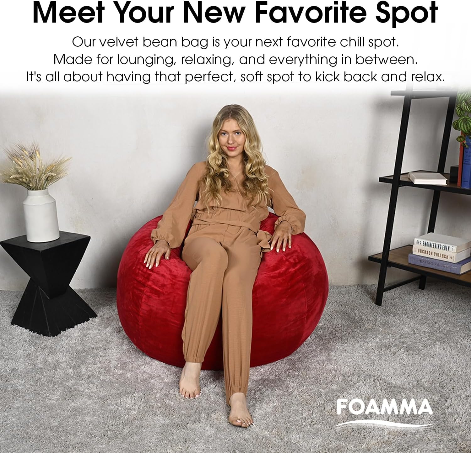 Foamma Minky Velvet Bean Bag Chair, Red - 4ft Plush Floor Chair for Kids and Adults with Washable Cover, Lounge Chair with Stretchable Fabric, Comfy Chair with Minky Velvet Cover, Bedroom Chair
