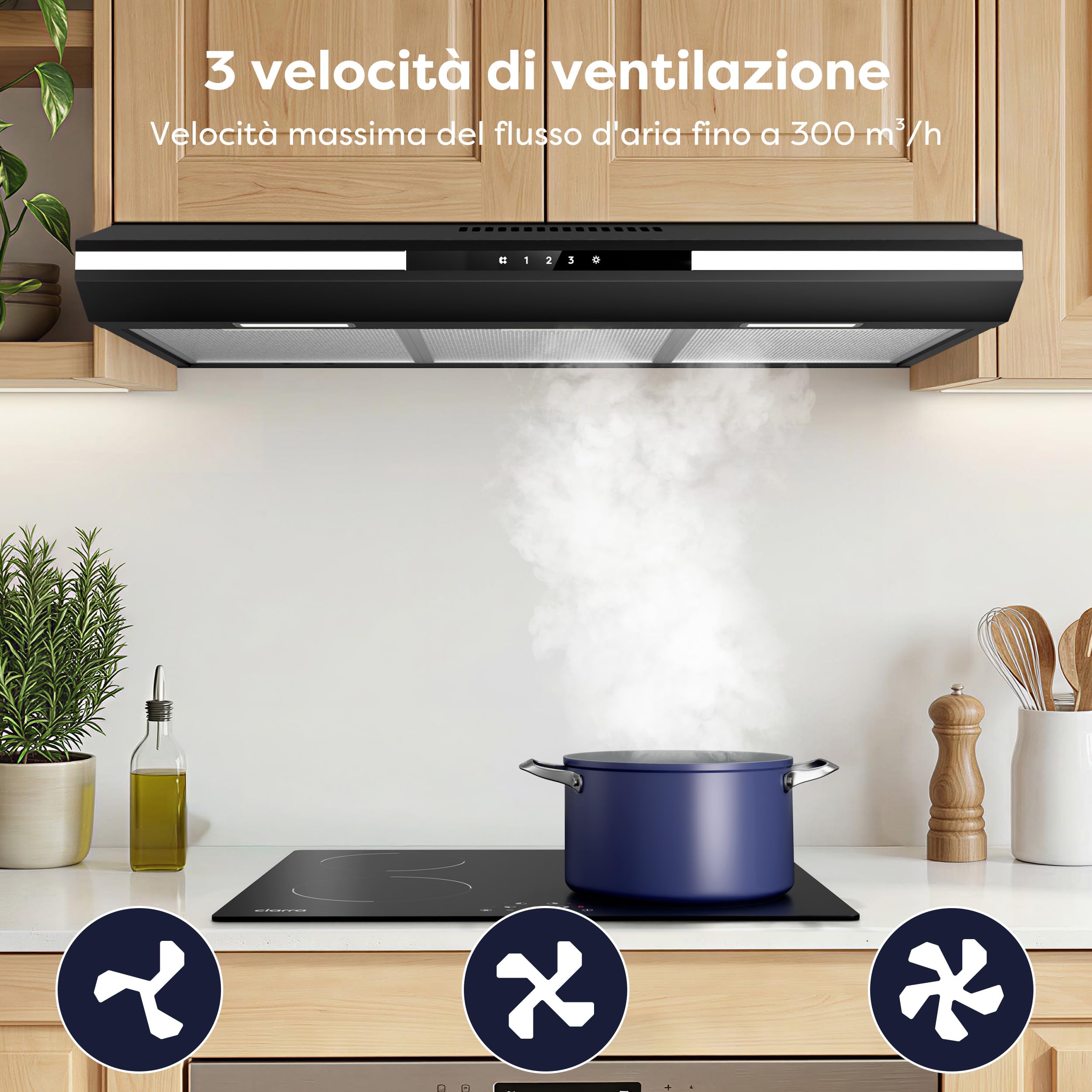 CIARRA CBCB90921 Dunstabzugshaube 90 cm Unterbau Umlufthaube Touch-Bedienung 3 Leistungsstufen Aktivkohlefilter Schwarz